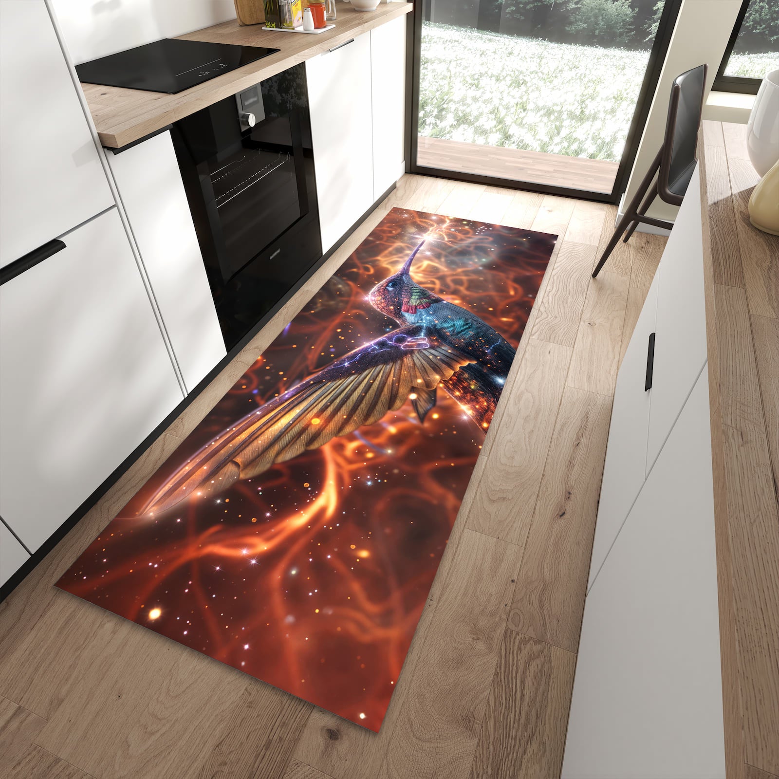 Flacher Küchenteppich mit Motiv Schimmernder Kolibri in moderner Küche - waschbar