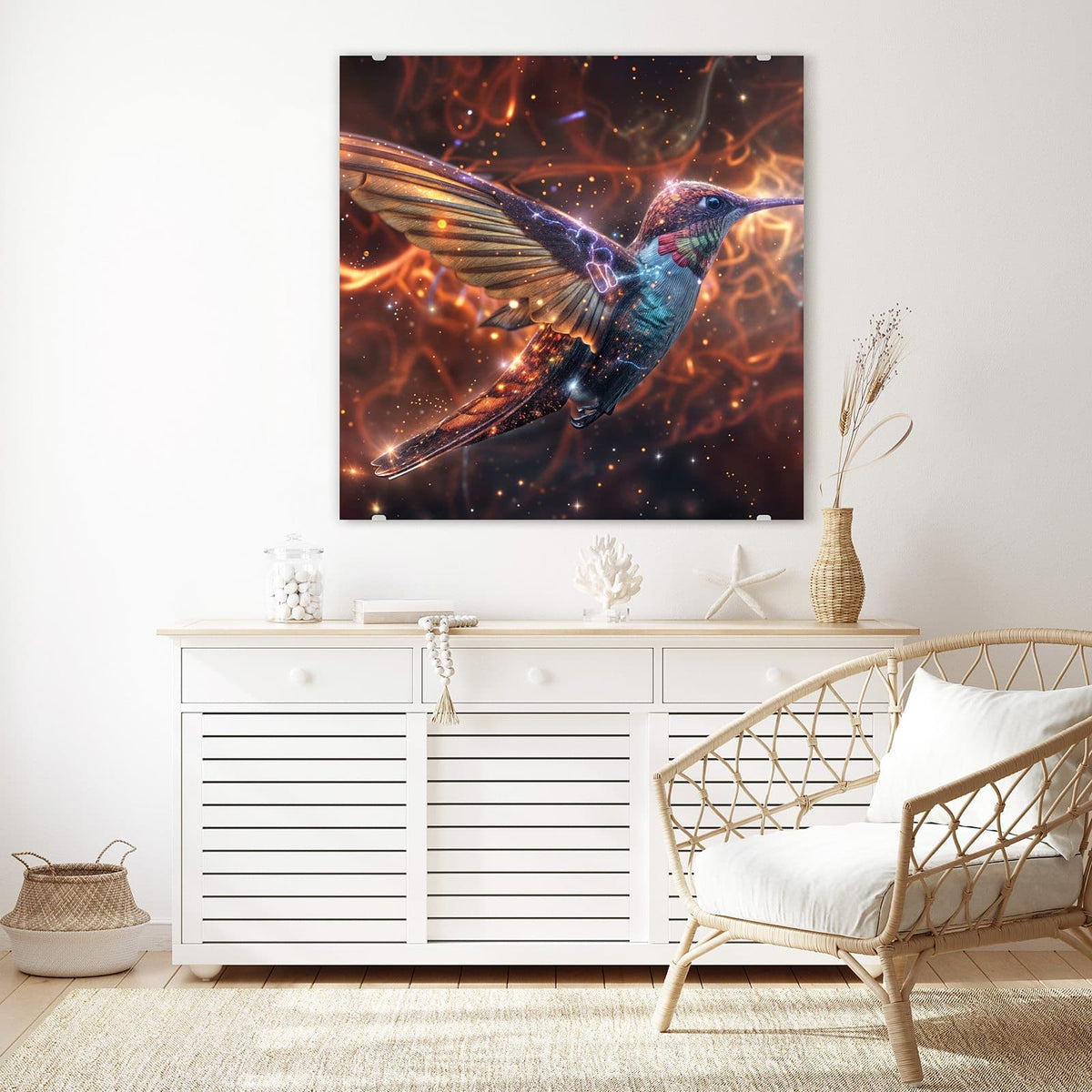 Glasbild Schimmernder Kolibri an der Wand – Kolibri im Flug, Gefieder schillert blau-violett vor glühend orangem Hintergrund