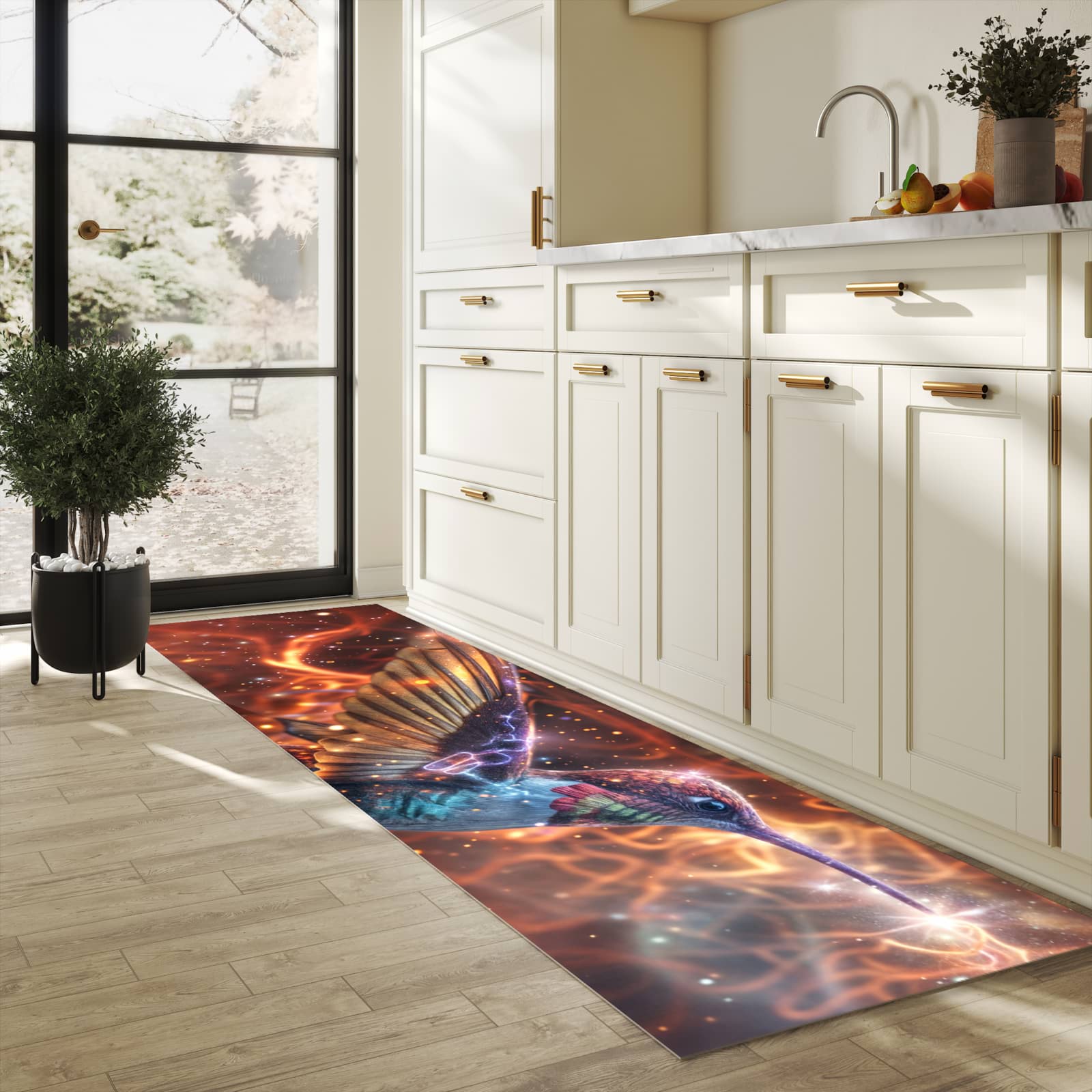 Abwaschbarer Küchenläufer mit Motiv Schimmernder Kolibri in heller Küche für angenehme Haptik