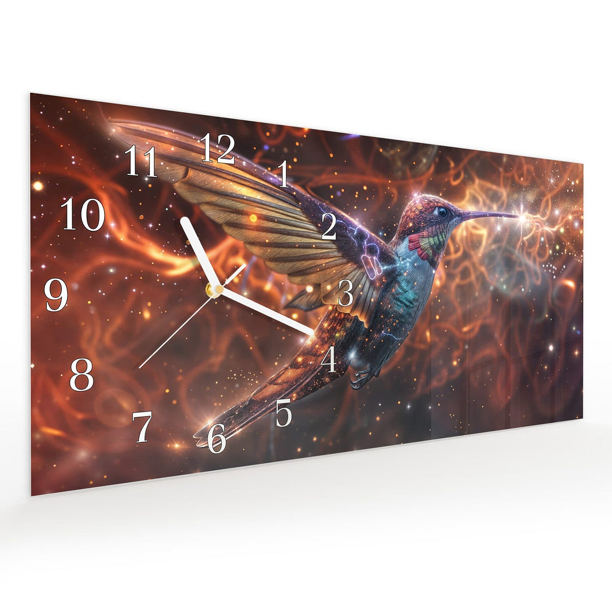 Vormontiert – mit Schwebeeffekt – Wanduhr Schimmernder Kolibri aus Glas – Querformat 60 × 30 cm