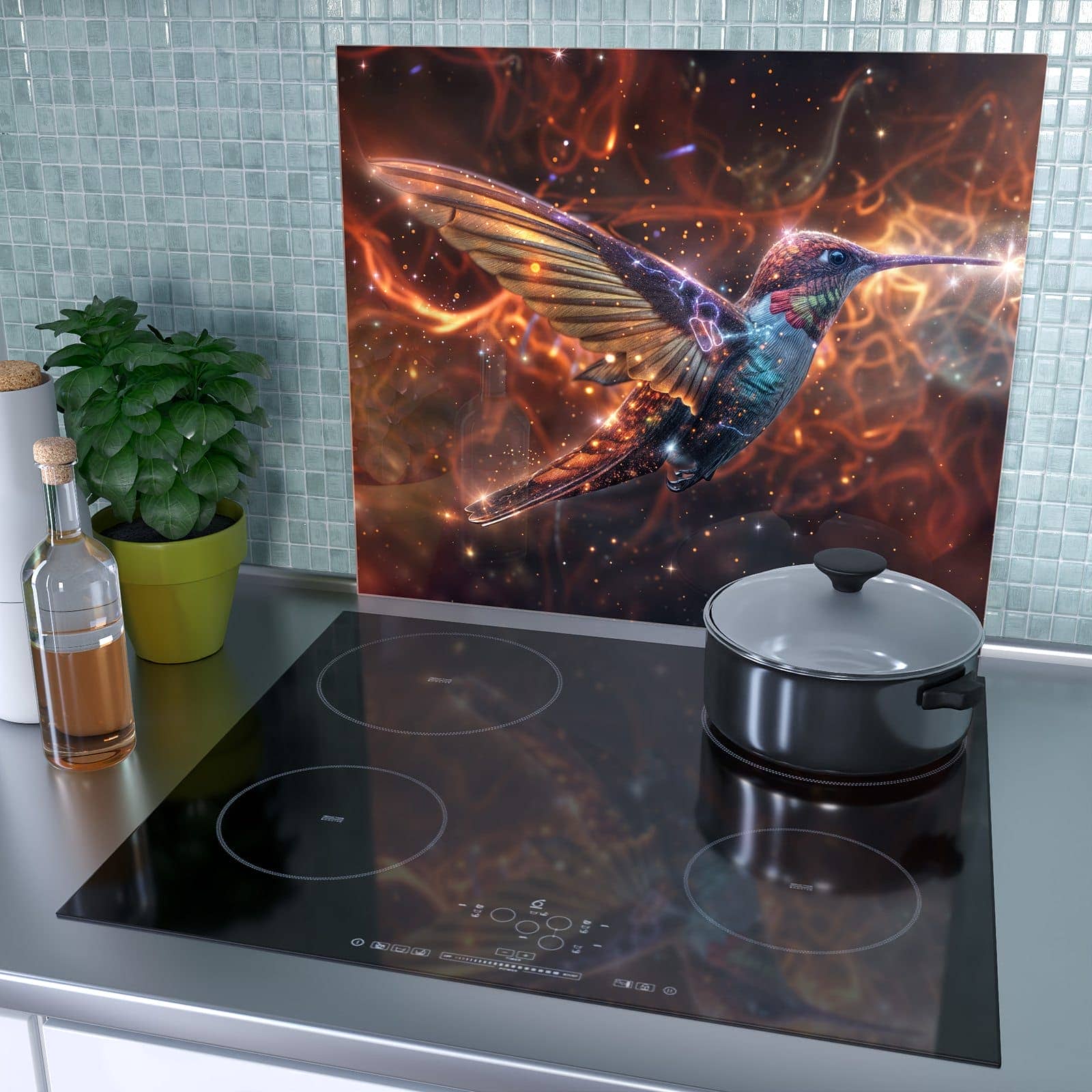 1-teilige Herdabdeckplatte aus Glas mit Schimmernder Kolibri-Motiv als Spritzschutz hinter dem Kochfeld