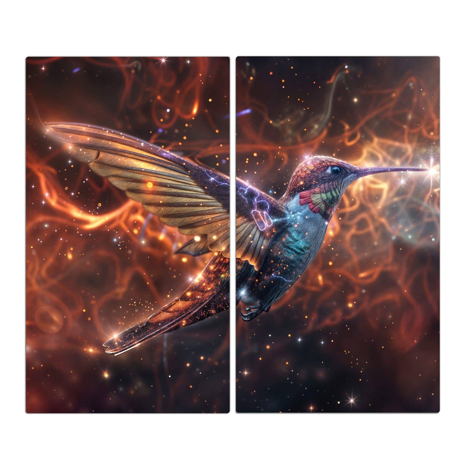 2-teilige Glasplatte für Herd mit Schimmernder Kolibri-Motiv in der Frontansicht #grösse_2-Teilig (60x52cm)