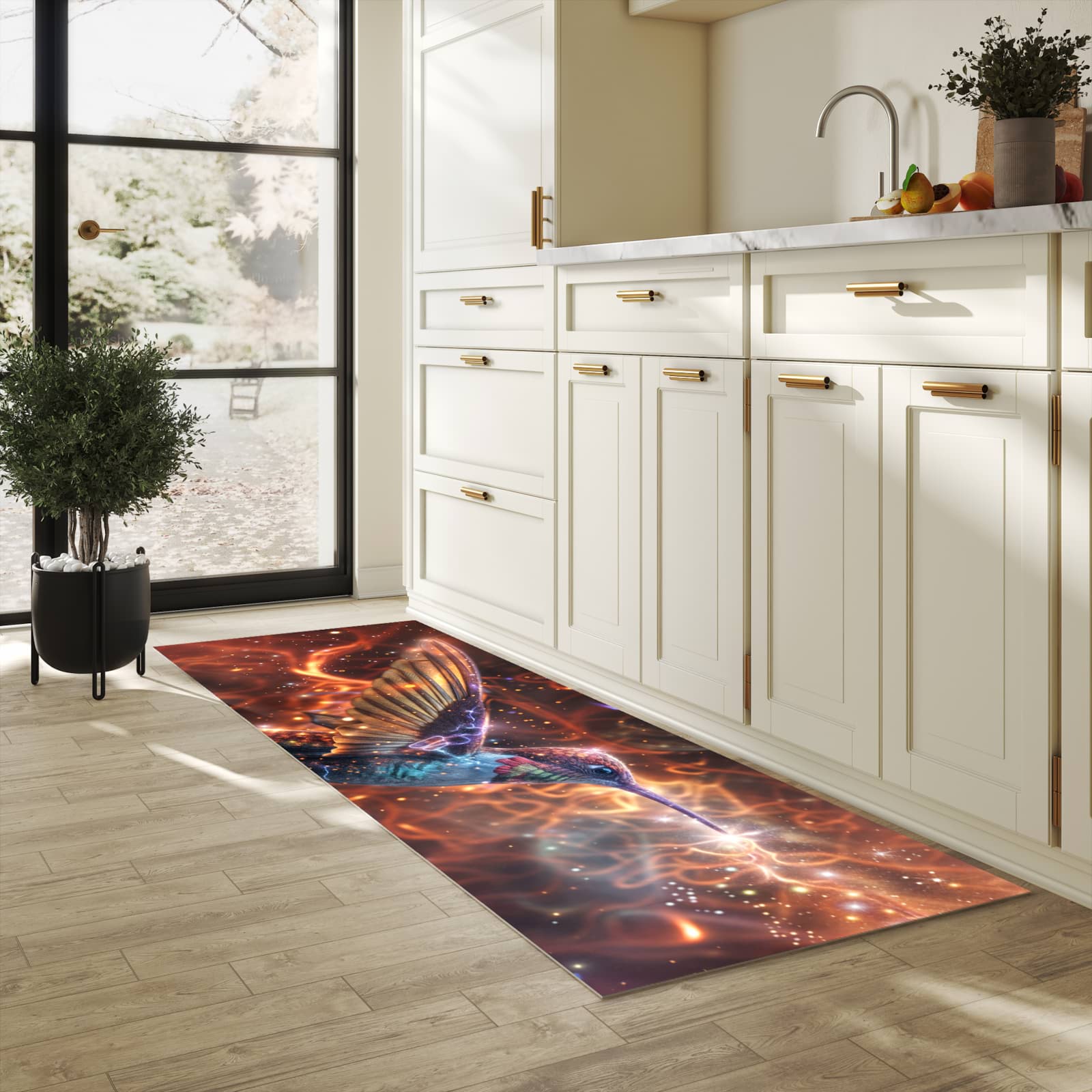 Rutschfester Küchenläufer mit Motiv Schimmernder Kolibri in heller Küche zum Waschen