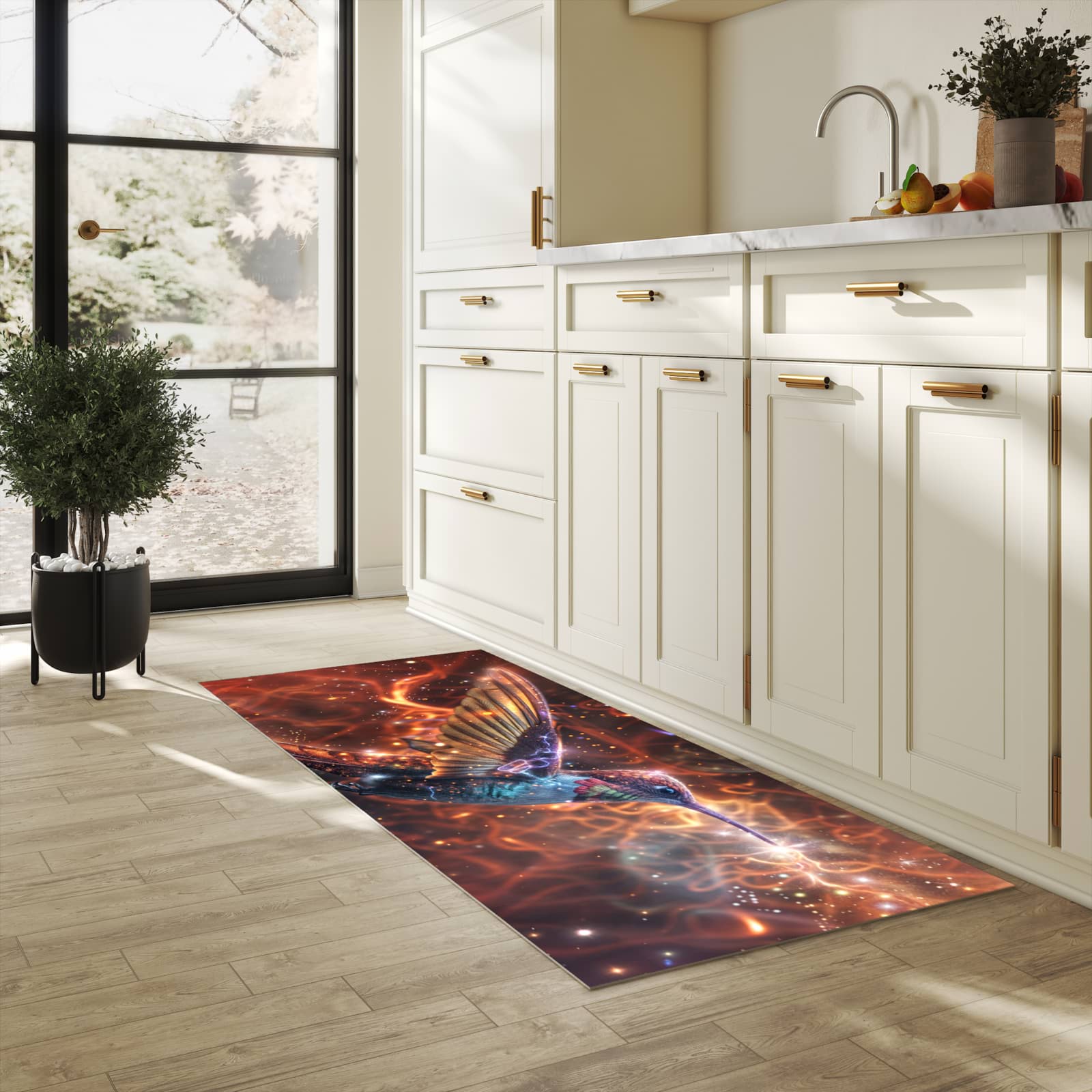 Komfortabler Küchenläufer nach Maß mit Motiv Schimmernder Kolibri in heller Küche