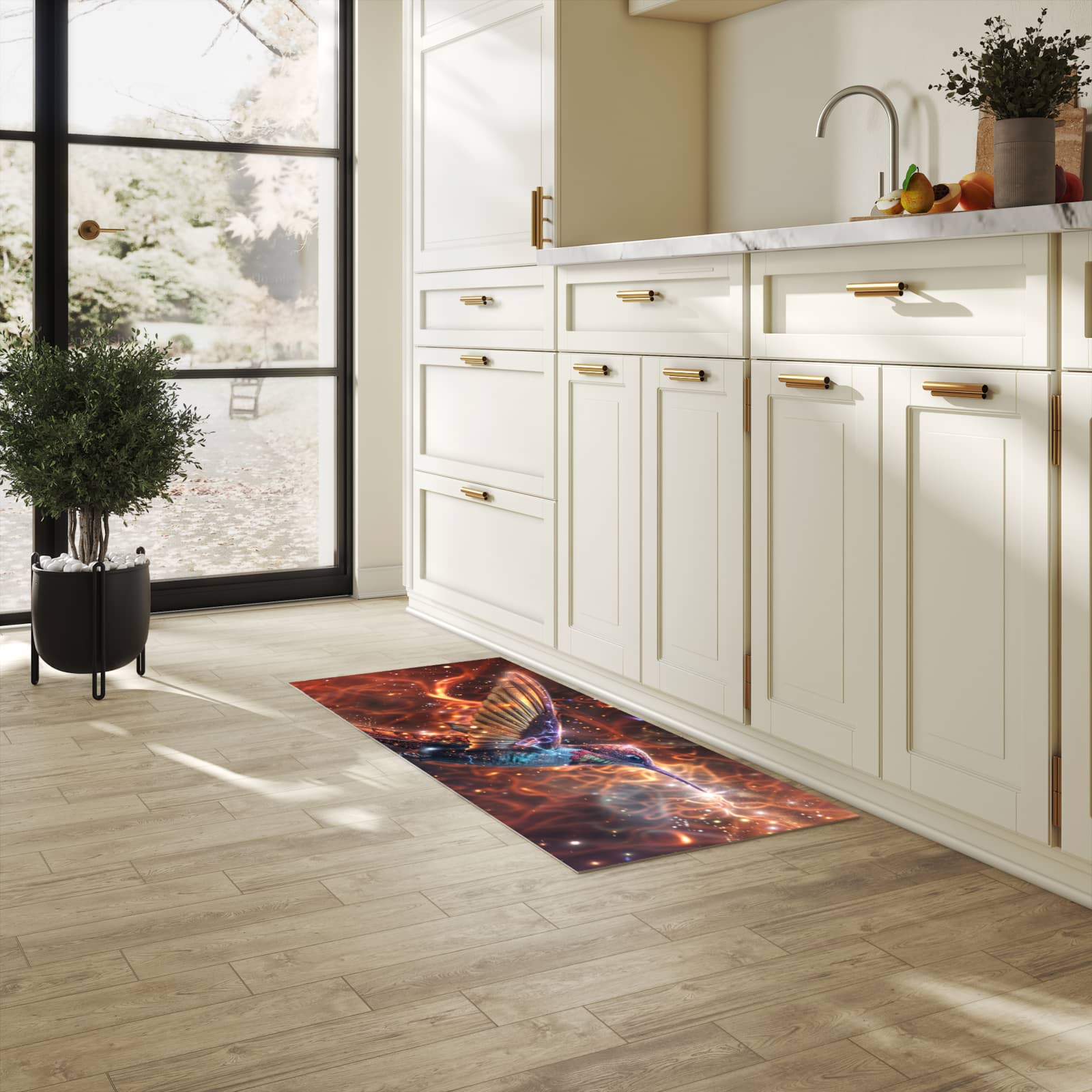 Fleckenresistenter Küchenläufer mit Motiv Schimmernder Kolibri in heller Küche