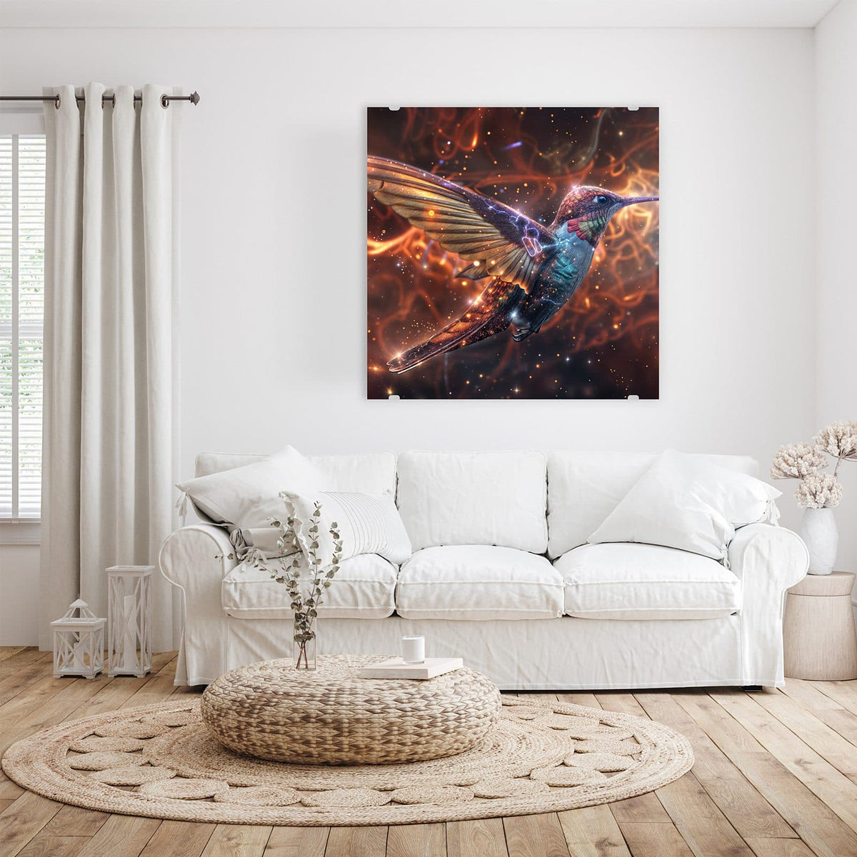 Glasbild Schimmernder Kolibri an der Wand – Kolibri im Flug, Gefieder schillert blau-violett vor glühend orangem Hintergrund