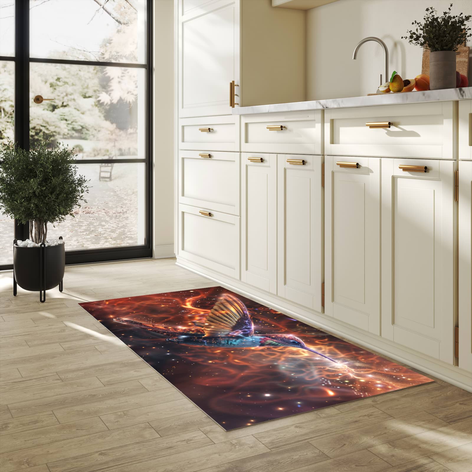 Hygienischer Küchenteppich mit Motiv Schimmernder Kolibri in heller Küche - abwaschbar