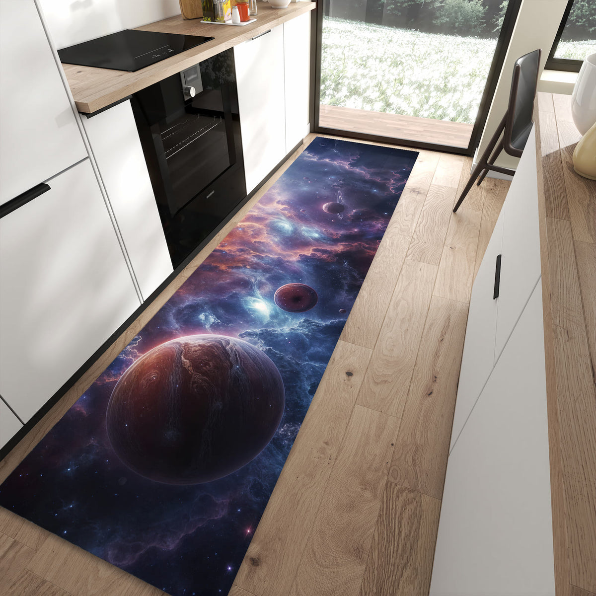 Ordnungsschaffender Teppichläufer mit Motiv Galaktische Welten in moderner Küche