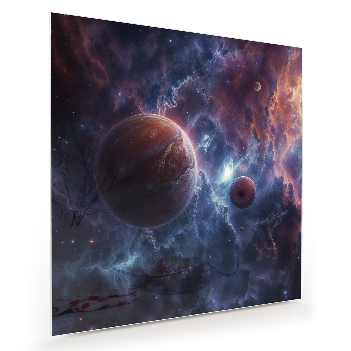 Zwei rotbraune Planeten und ein Mond vor blauviolettem Sternennebel