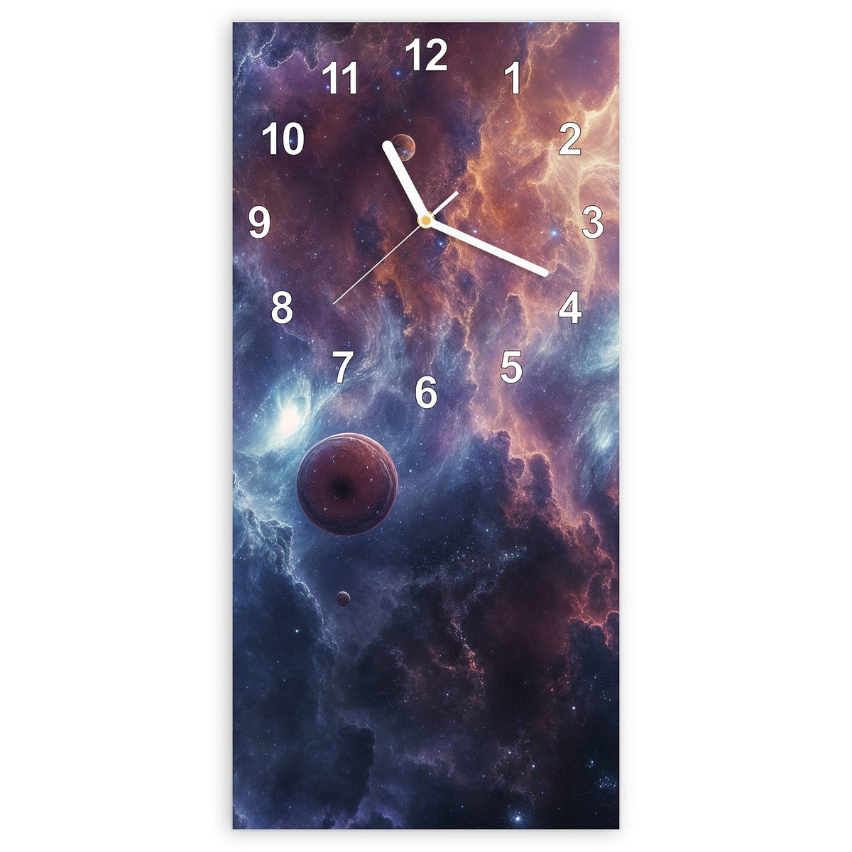 Wanduhr aus Glas, Ziffernblatt Modern: Zwei rotbraune Planeten und ein Mond vor blauviolettem Sternennebel