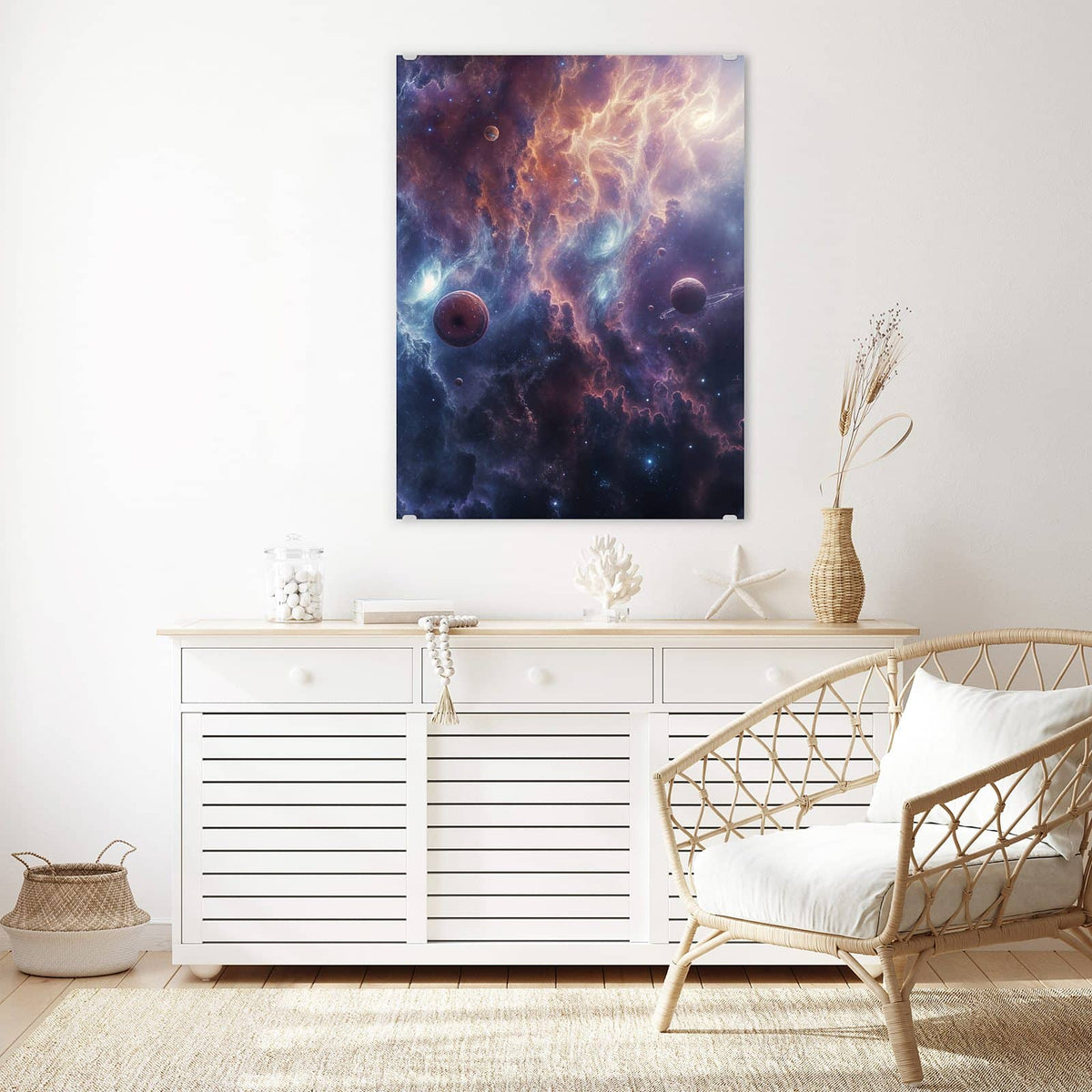 Aufhängung liegt bei – Motiv später wechselbar – Wandbild - Zwei Planeten im Nebel - Hochformat