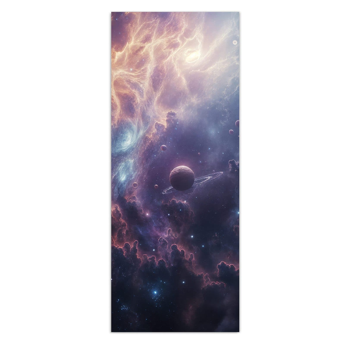 Zwei rotbraune Planeten und ein Mond vor blauviolettem Sternennebel