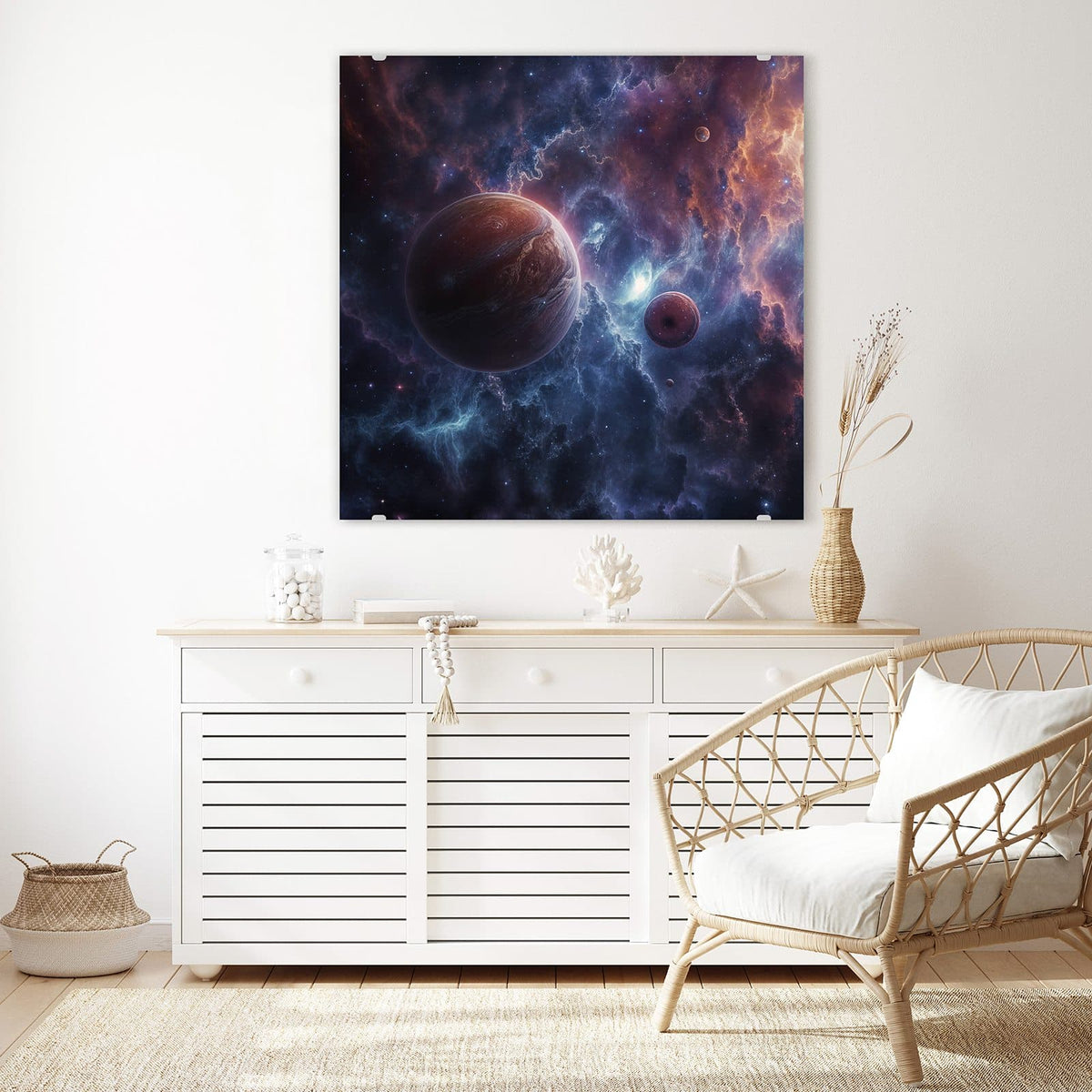 Echtglas, 4 mm – kein Acryl, keine Folie – Wandbild - Zwei Planeten im Nebel - Quadratisch