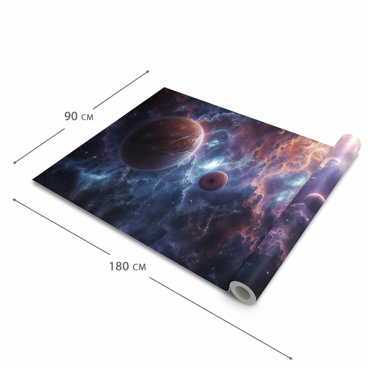 Rutschhemmender dünner Teppich mit Motiv Galaktische Welten in der Grösse 80x250 cm