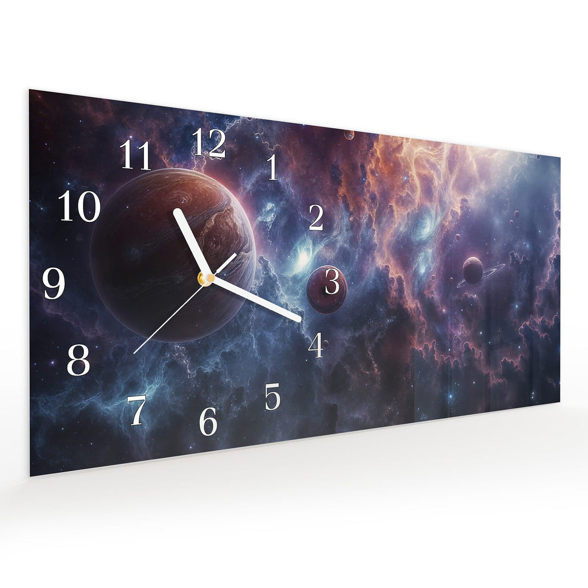 Vormontiert – mit Schwebeeffekt – Wanduhr Galaktische Welten aus Glas – Querformat 60 × 30 cm