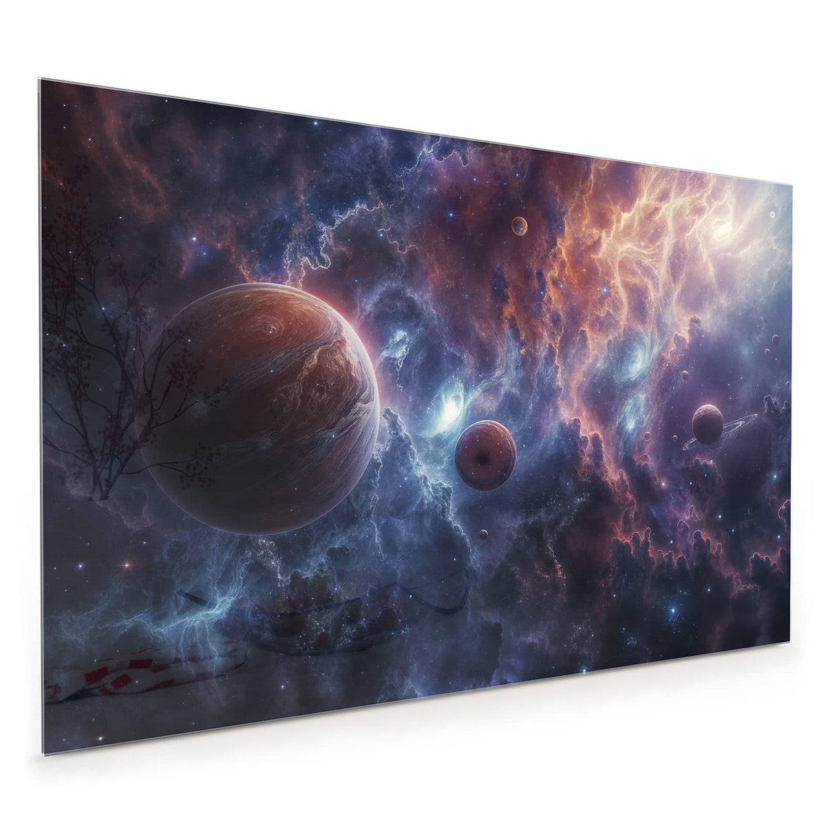 Küchenrückwand aus Glas im Hochformat: Zwei rotbraune Planeten und ein Mond vor blauviolettem Sternennebel