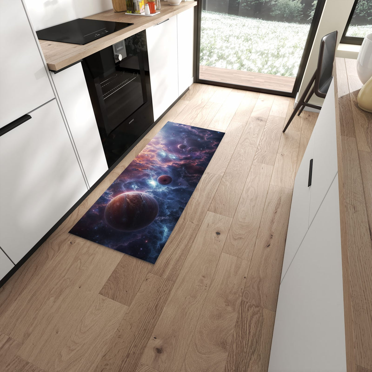 Pflegeleichter Küchenteppich mit Motiv Galaktische Welten in moderner Küche #grösse_60 x 150 cm