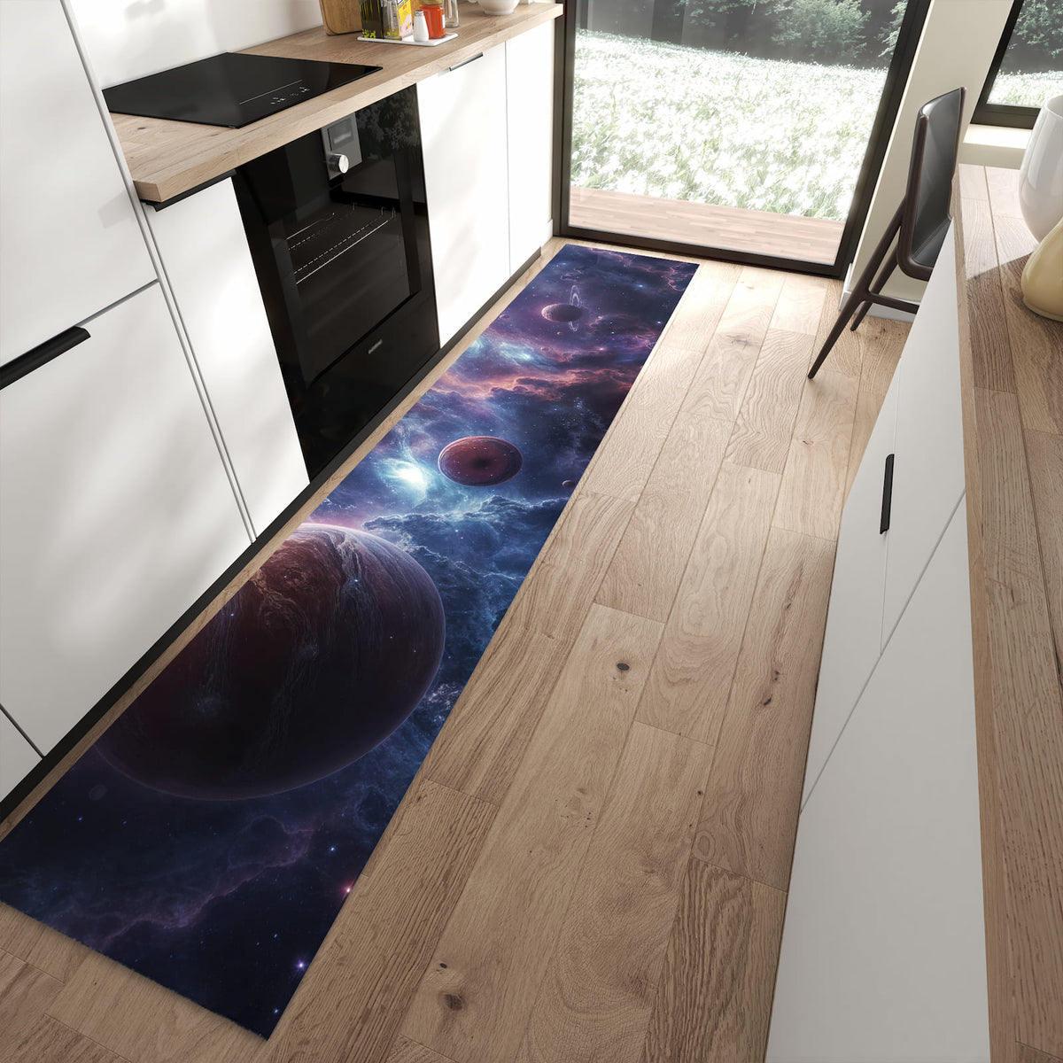Waschbarer Küchenteppich mit Motiv Galaktische Welten in moderner Küche