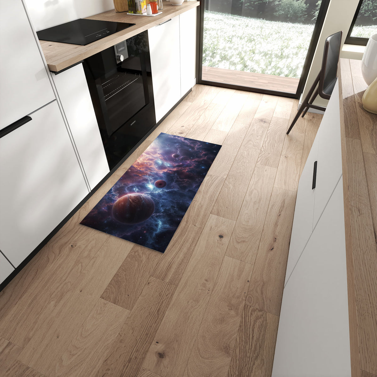 Rutschfester Küchenteppich mit Motiv Galaktische Welten in moderner Küche #grösse_60 x 120 cm