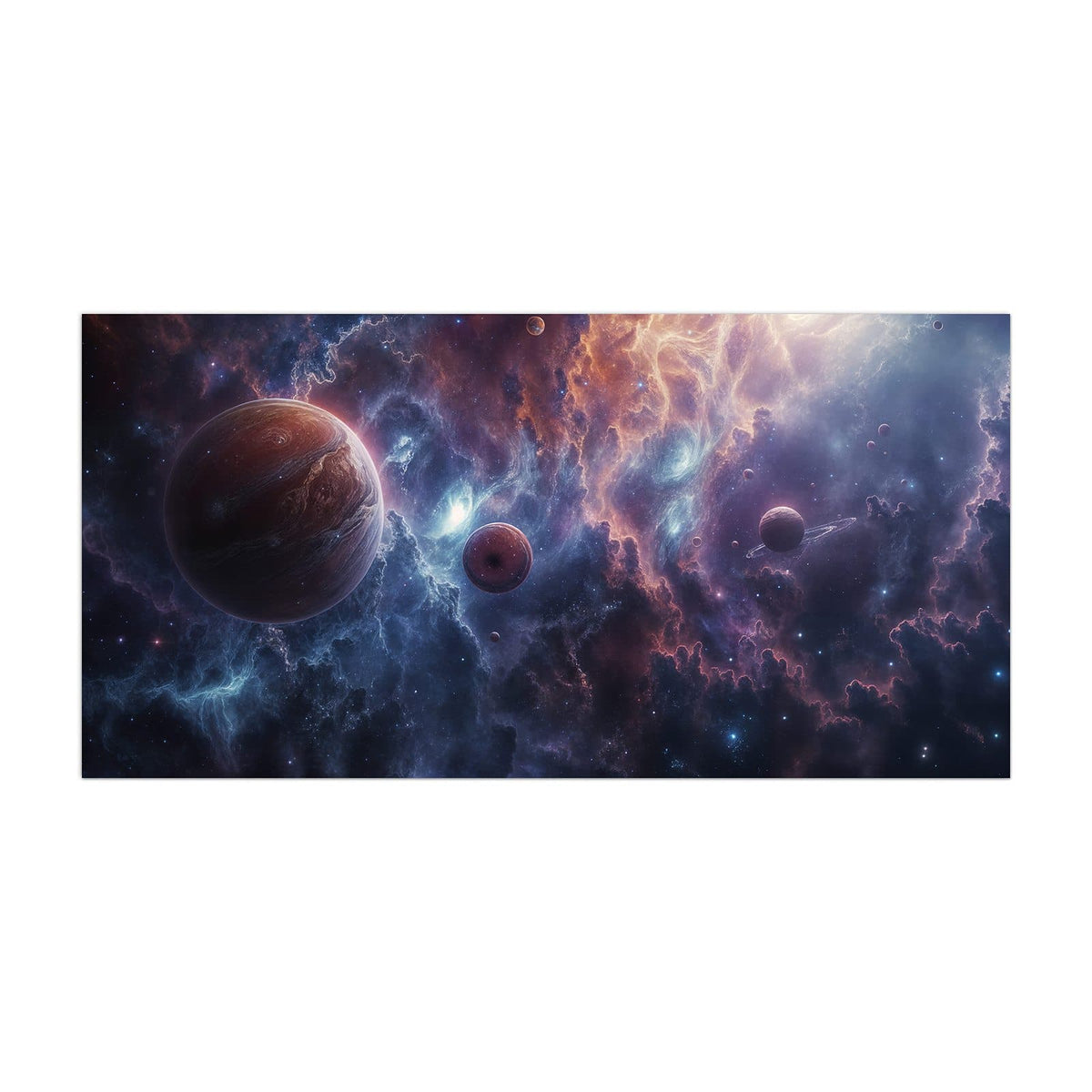 Küchenrückwand aus Glas Zwei Planeten im Nebel im Hochformat, Motiv bildfüllend von vorn
