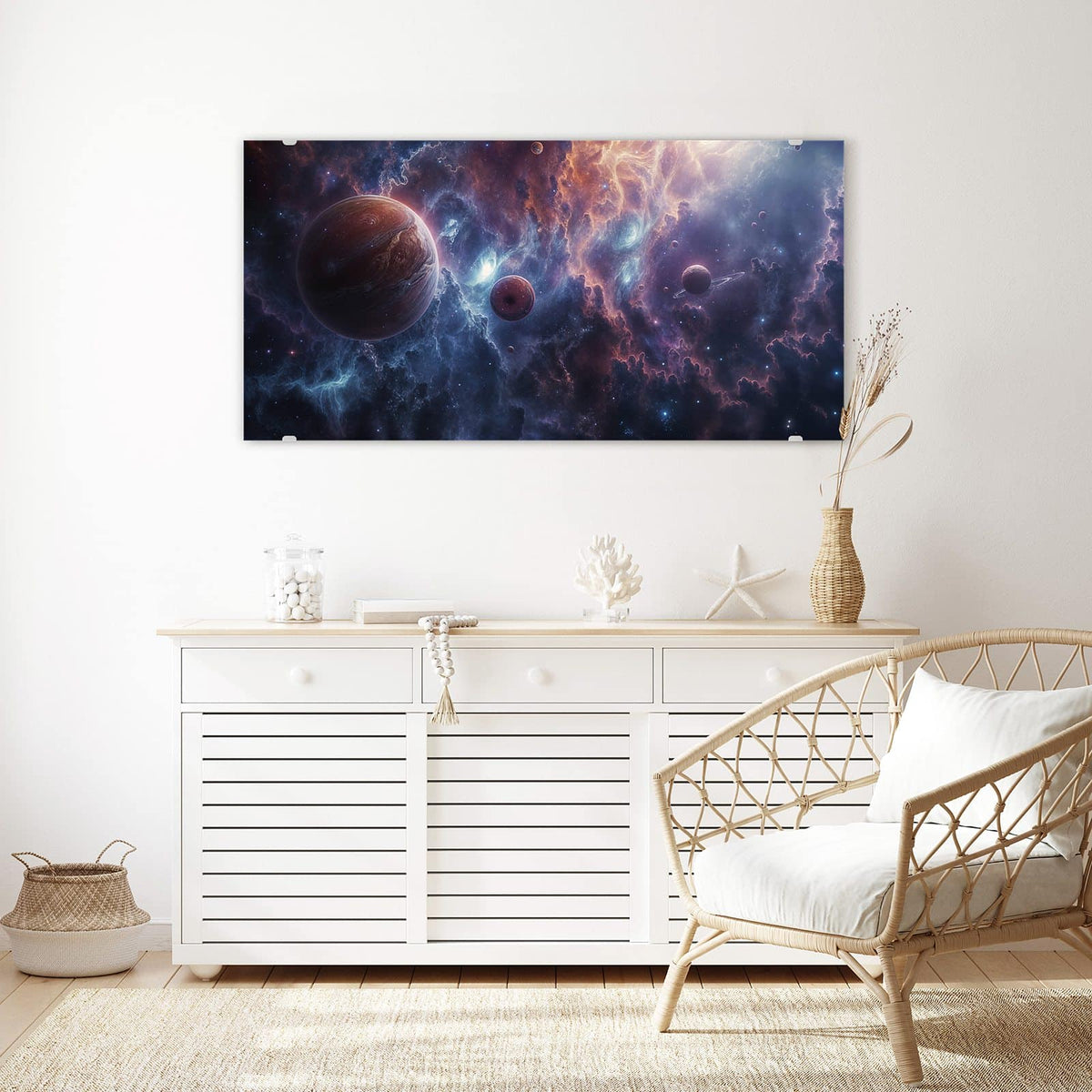 Echtglas, 4 mm – kein Acryl, keine Folie – Wandbild - Zwei Planeten im Nebel - Querformat