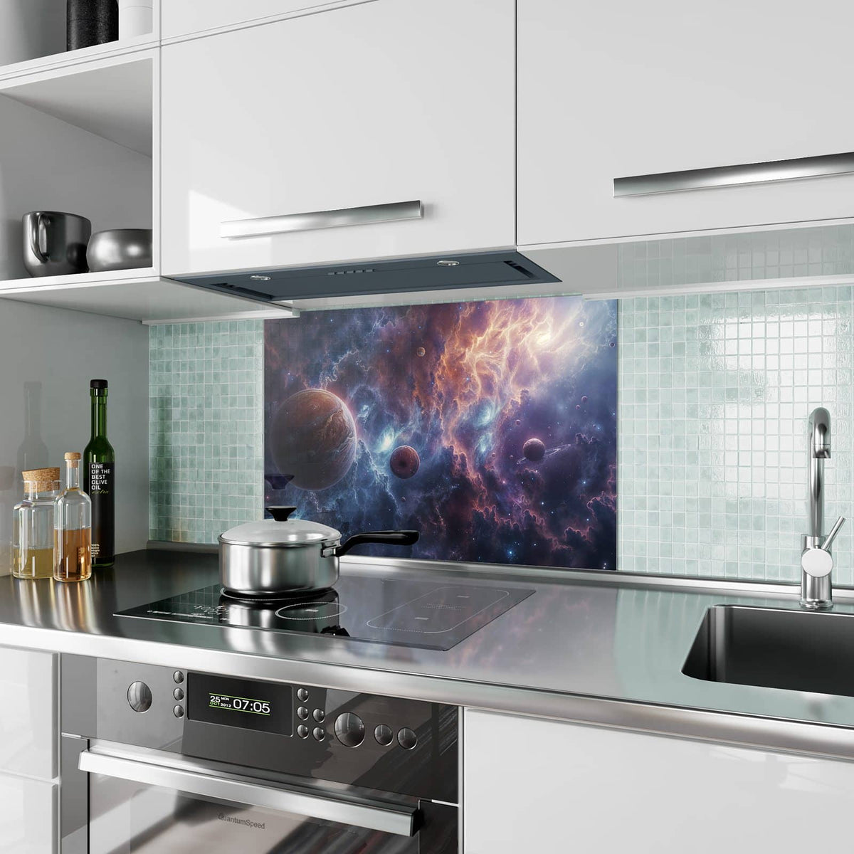 Küchenrückwand aus Glas Zwei Planeten im Nebel im Hochformat als Spritzschutz hinter dem Kochfeld, über dem Fliesenspiegel montiert