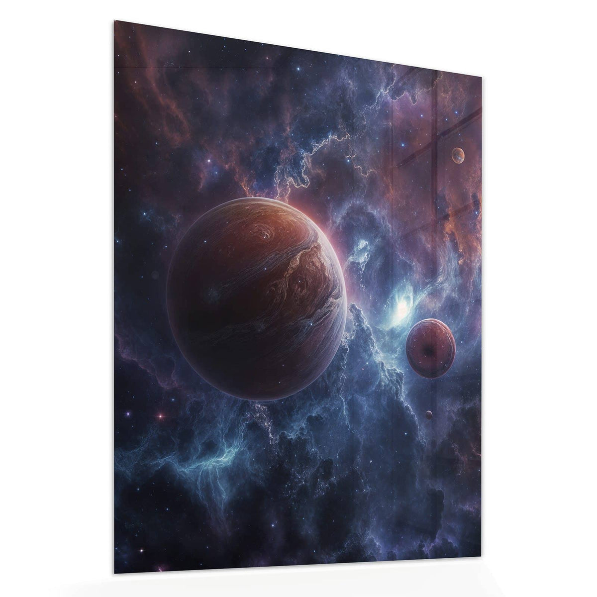 Echtglas, 4 mm – kein Acryl, keine Folie – Wandbild - Zwei Planeten im Nebel - Hochformat