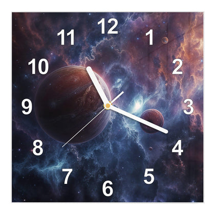 Wanduhr Quadratisch mit dem Motiv Zwei Planeten im Nebel
