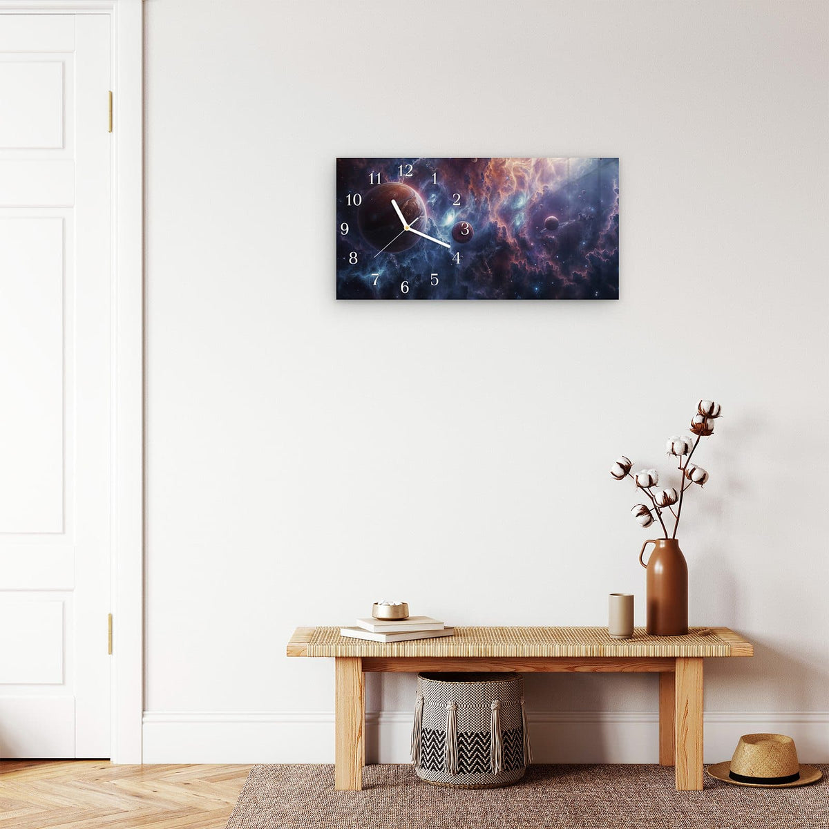 Moderne Wanduhr aus Glas mit Farbtiefe – Wanduhr Galaktische Welten aus Glas – Querformat 60 × 30 cm