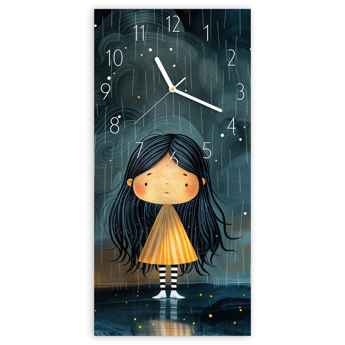 Wanduhr aus Glas, Ziffernblatt Elegant: Illustriertes Mädchen im gelben Kleid steht im Regen unter dunklen Wolken #ziffernblatt_Elegant