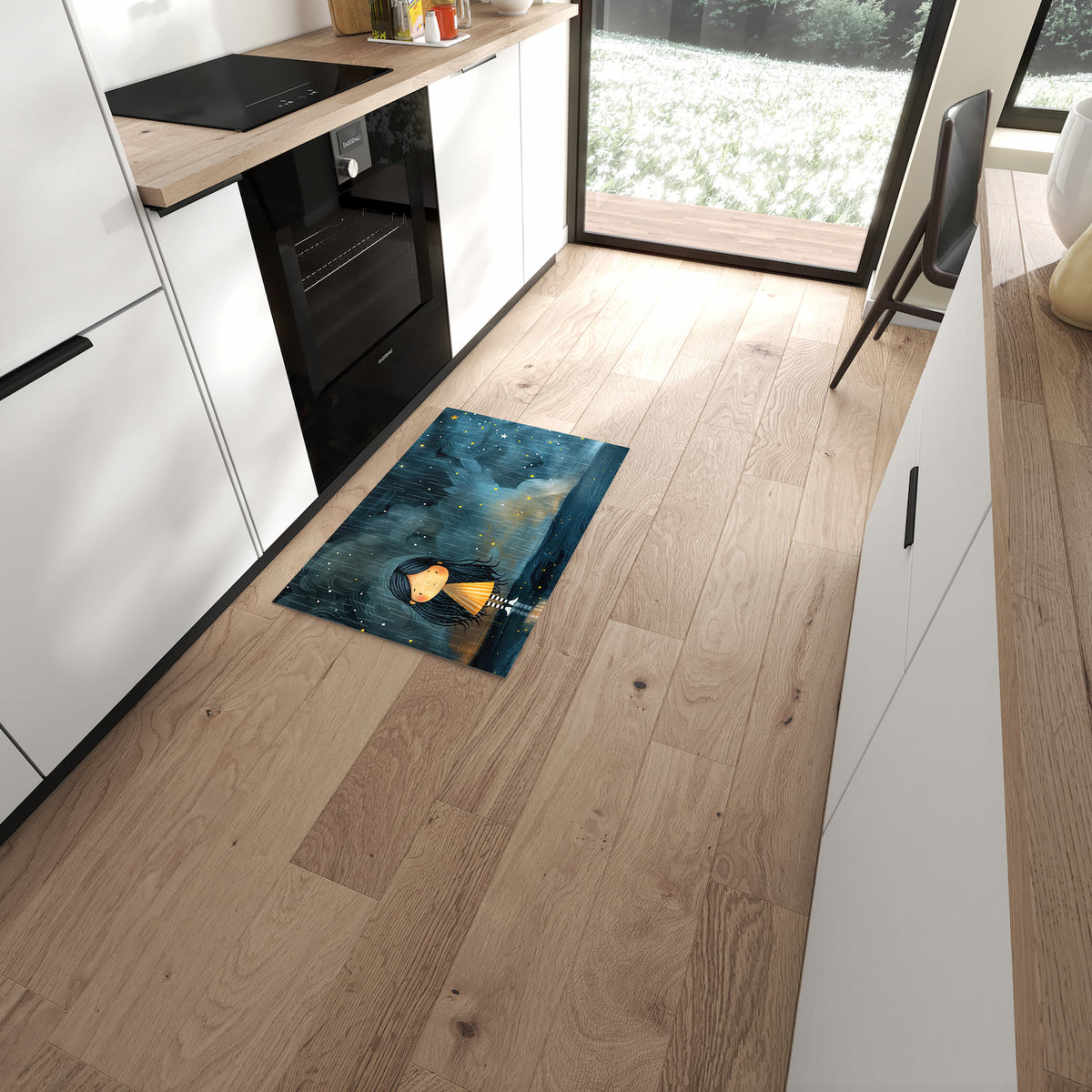 Fleckenresistenter abwaschbarer Küchenteppich mit Motiv Mädchen im Regen in moderner Küche