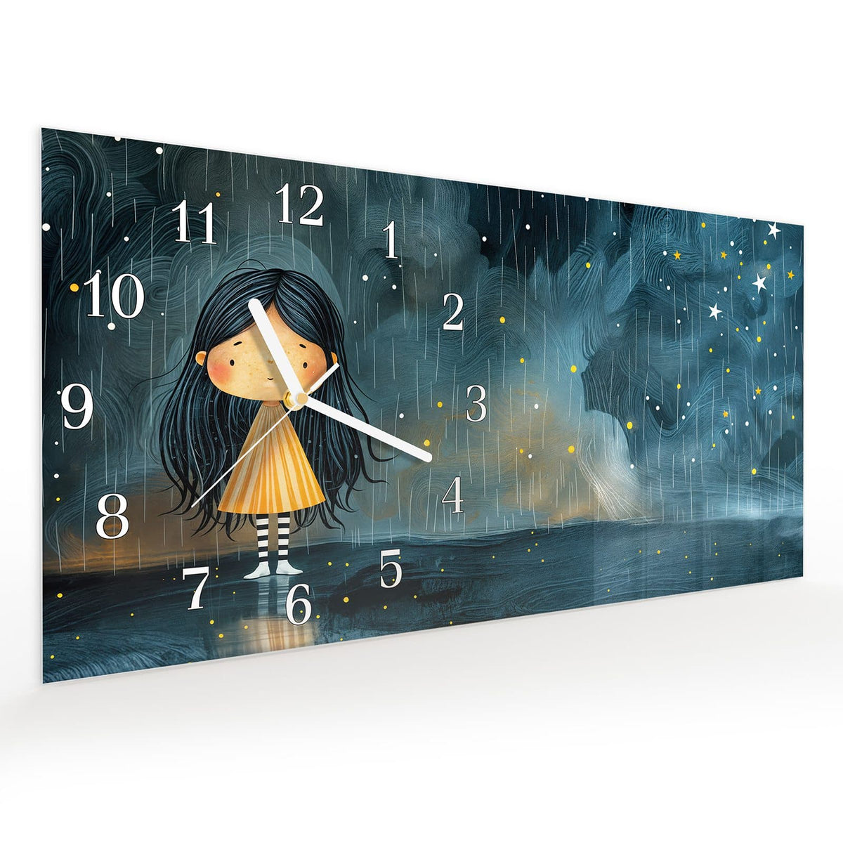 Vormontiert – mit Schwebeeffekt – Wanduhr Mädchen im Regen aus Glas – Querformat 60 × 30 cm