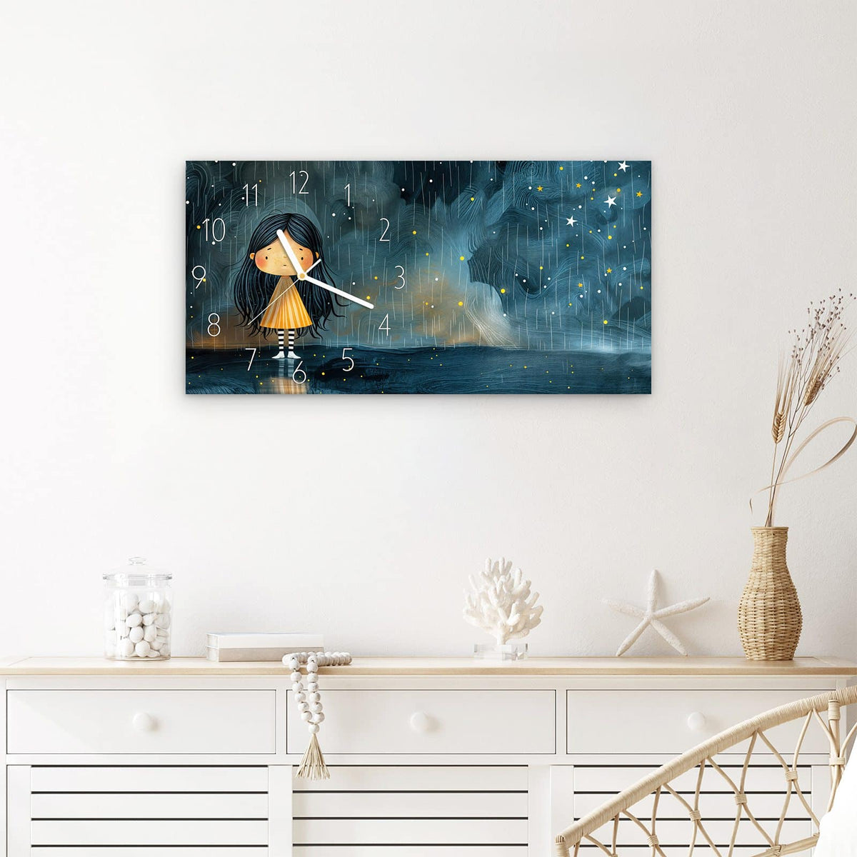 Wanduhr Mädchen im Regen aus Glas – Querformat 60 × 30 cm – Kleines Mädchen unter Gewitterwolken