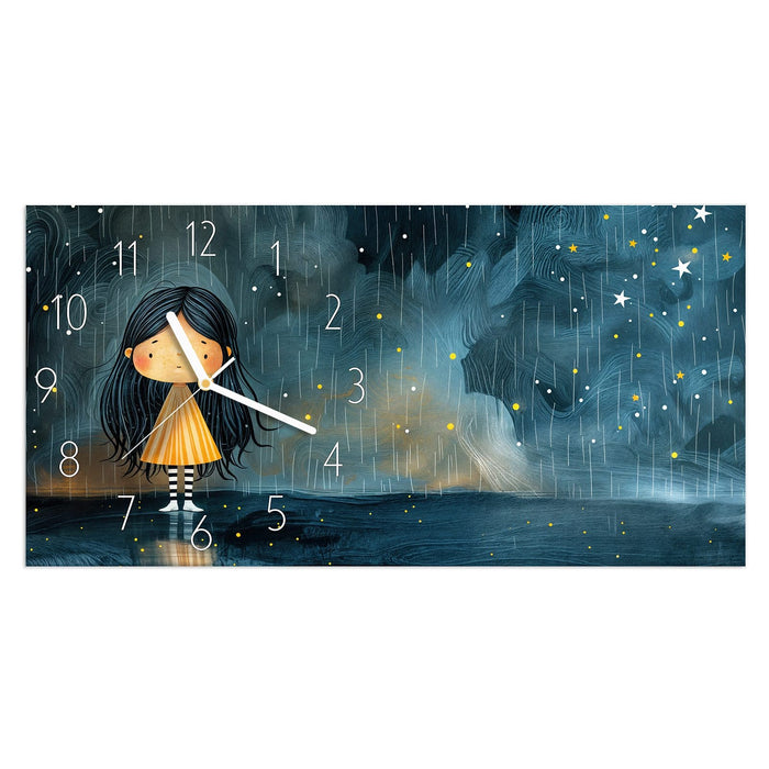 Wanduhr Mädchen im Regen aus Glas – Querformat 60 × 30 cm mit Ziffernblatt Elegant