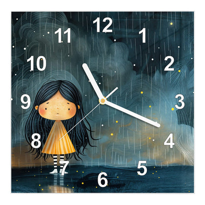 Wanduhr Quadratisch mit dem Motiv Mädchen im Regen
