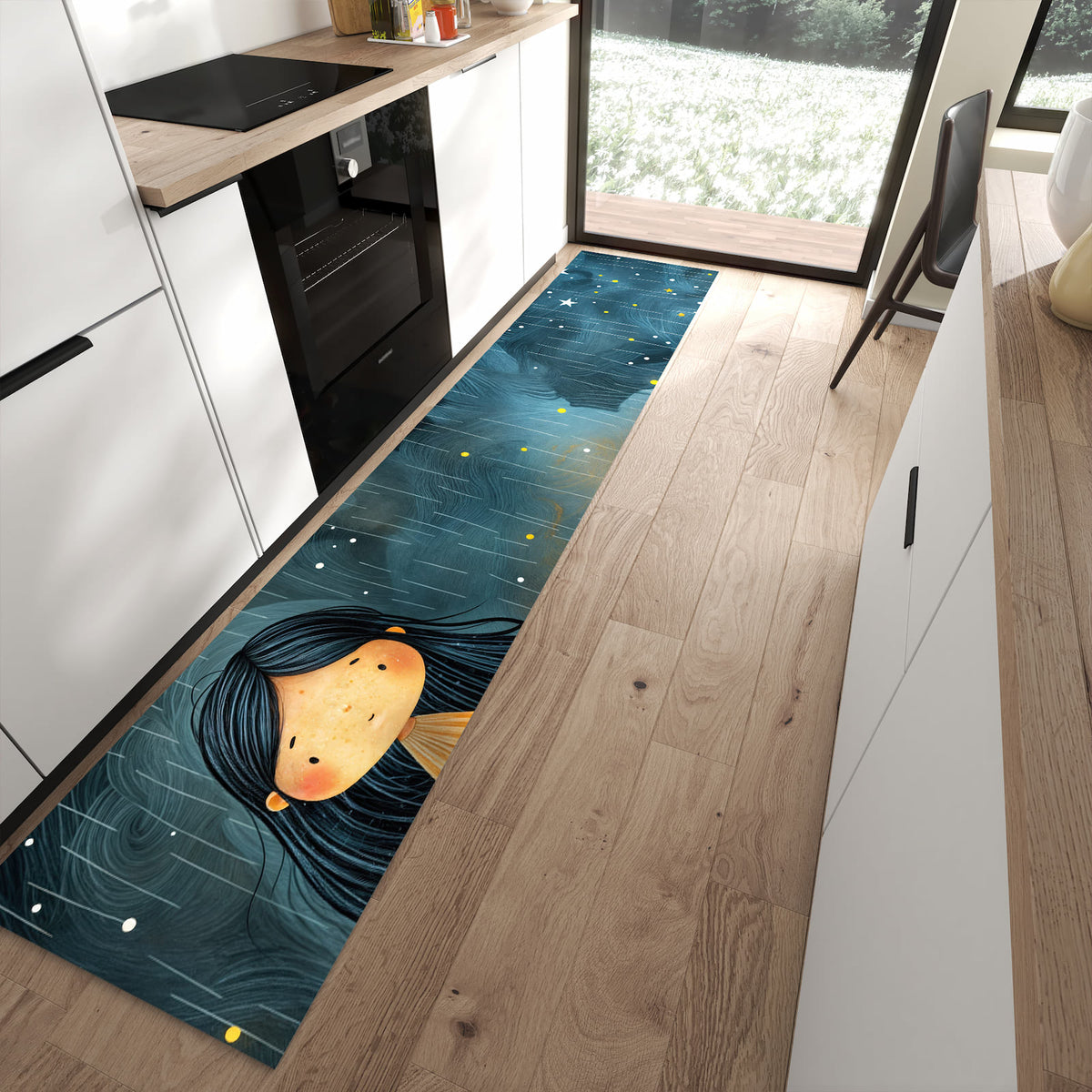 Wasserabweisender Küchenläufer mit Motiv Mädchen im Regen in moderner Küche