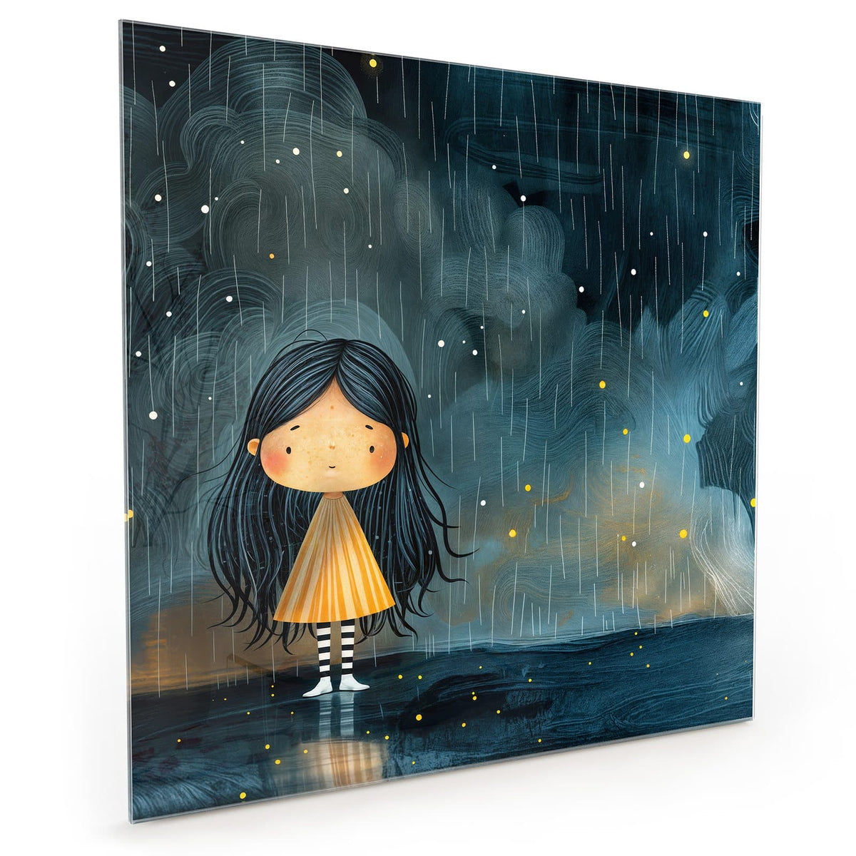 Küchenrückwand aus Glas im quadratischen Format: Illustriertes Mädchen im gelben Kleid steht im Regen unter dunklen Wolken #grösse_40 x 40 cm #grösse_50 x 50 cm #grösse_60 x 60 cm