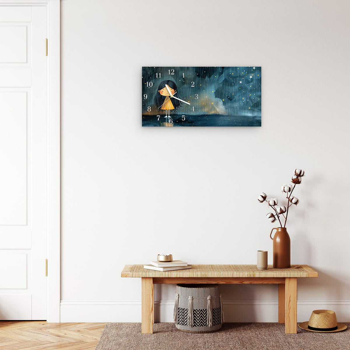 Moderne Wanduhr aus Glas mit Farbtiefe – Wanduhr Mädchen im Regen aus Glas – Querformat 60 × 30 cm