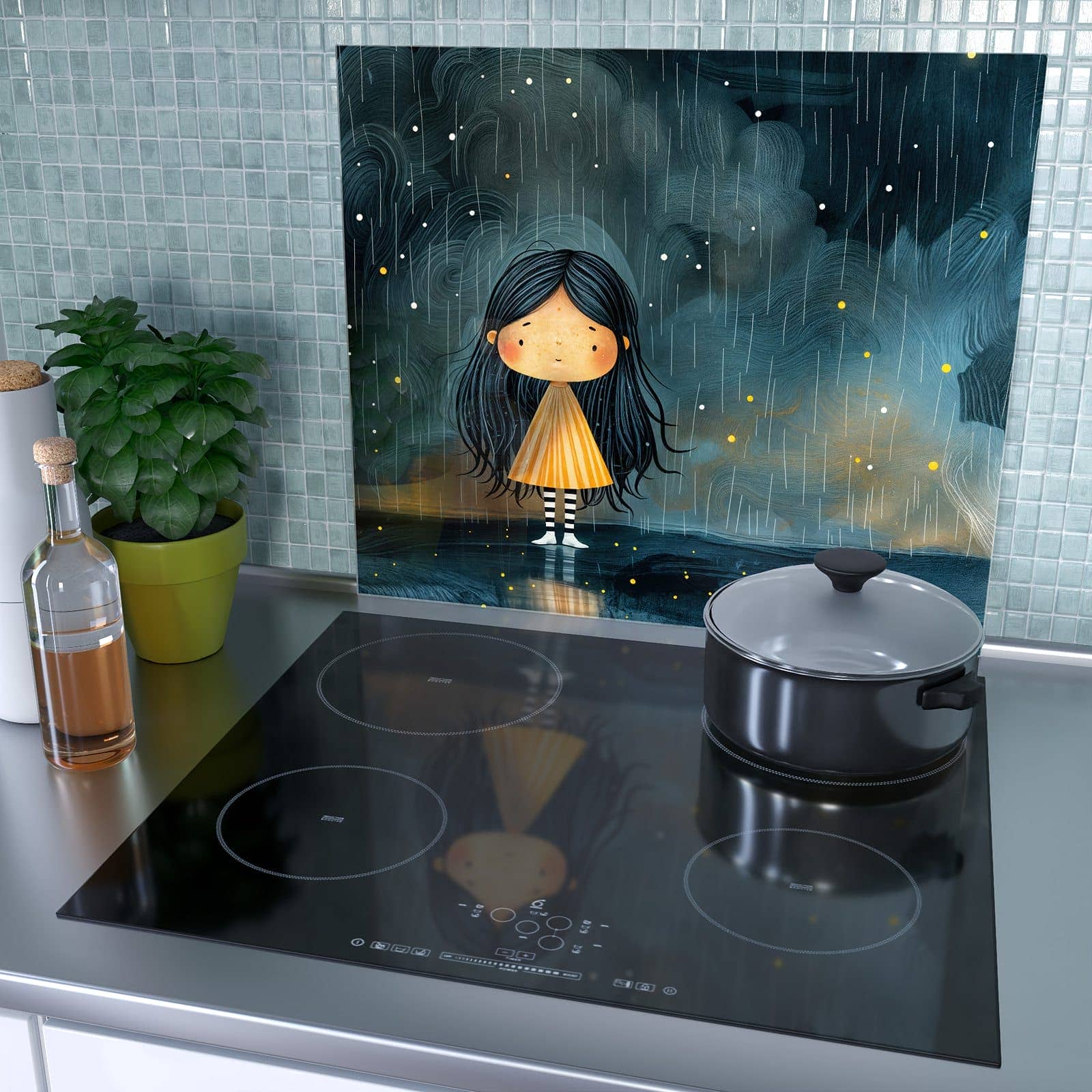 1-teilige Kochfeldabdeckung mit Mädchen im Regen-Motiv als Spritzschutz hinter dem Kochfeld