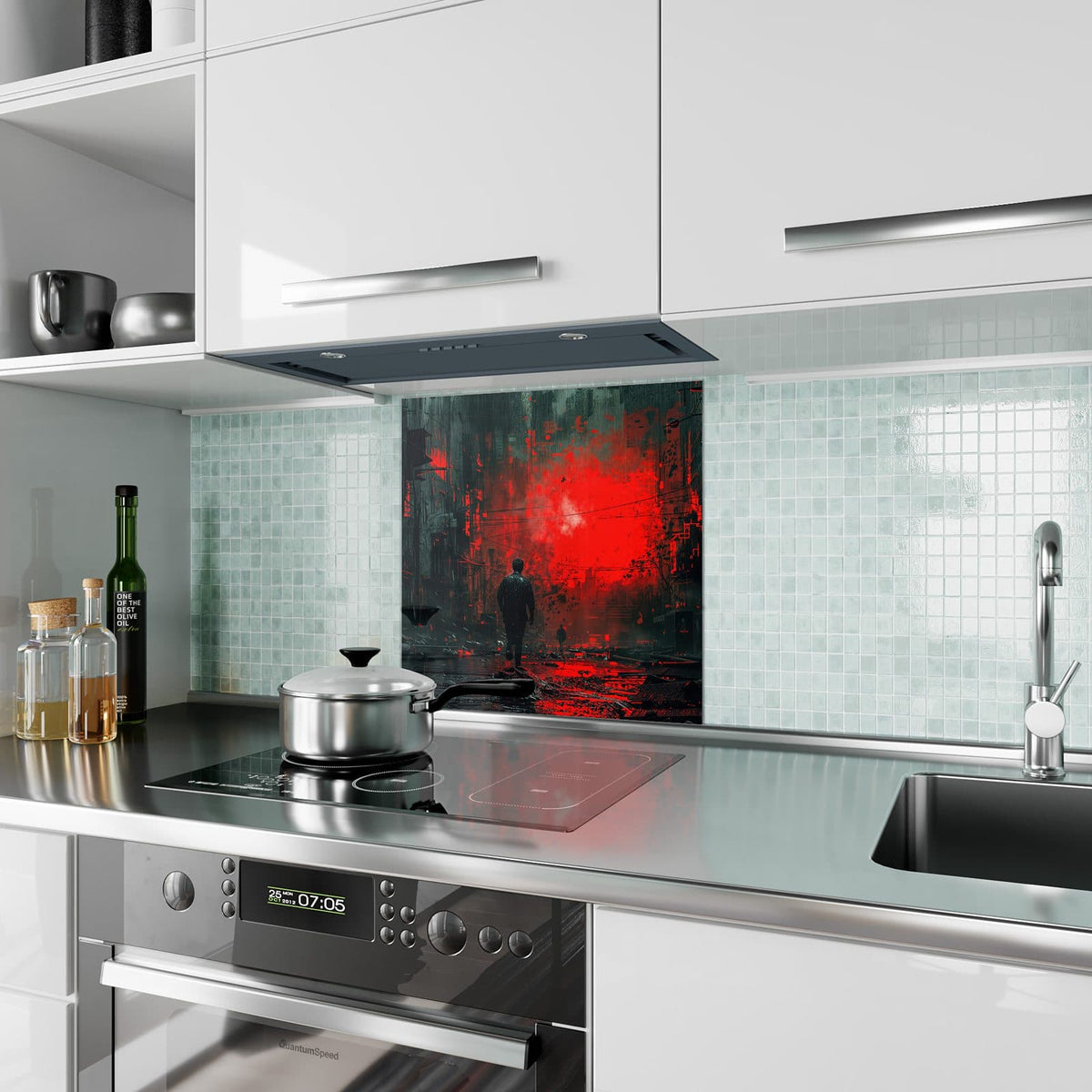 Küchenrückwand aus Glas Mann im roten Licht im quadratischen Format als Spritzschutz hinter dem Kochfeld, über dem Fliesenspiegel montiert
