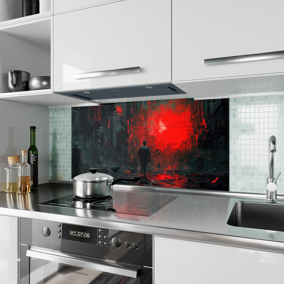 Küchenrückwand aus Glas Mann im roten Licht im Hochformat als Spritzschutz hinter dem Kochfeld, über dem Fliesenspiegel montiert