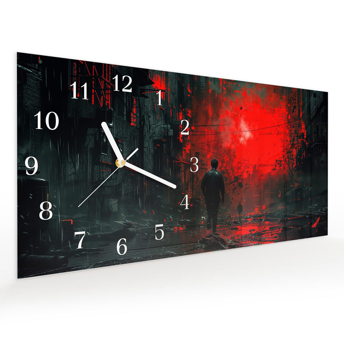 Vormontiert – mit Schwebeeffekt – Wanduhr Verlassene Strasse aus Glas – Querformat 60 × 30 cm