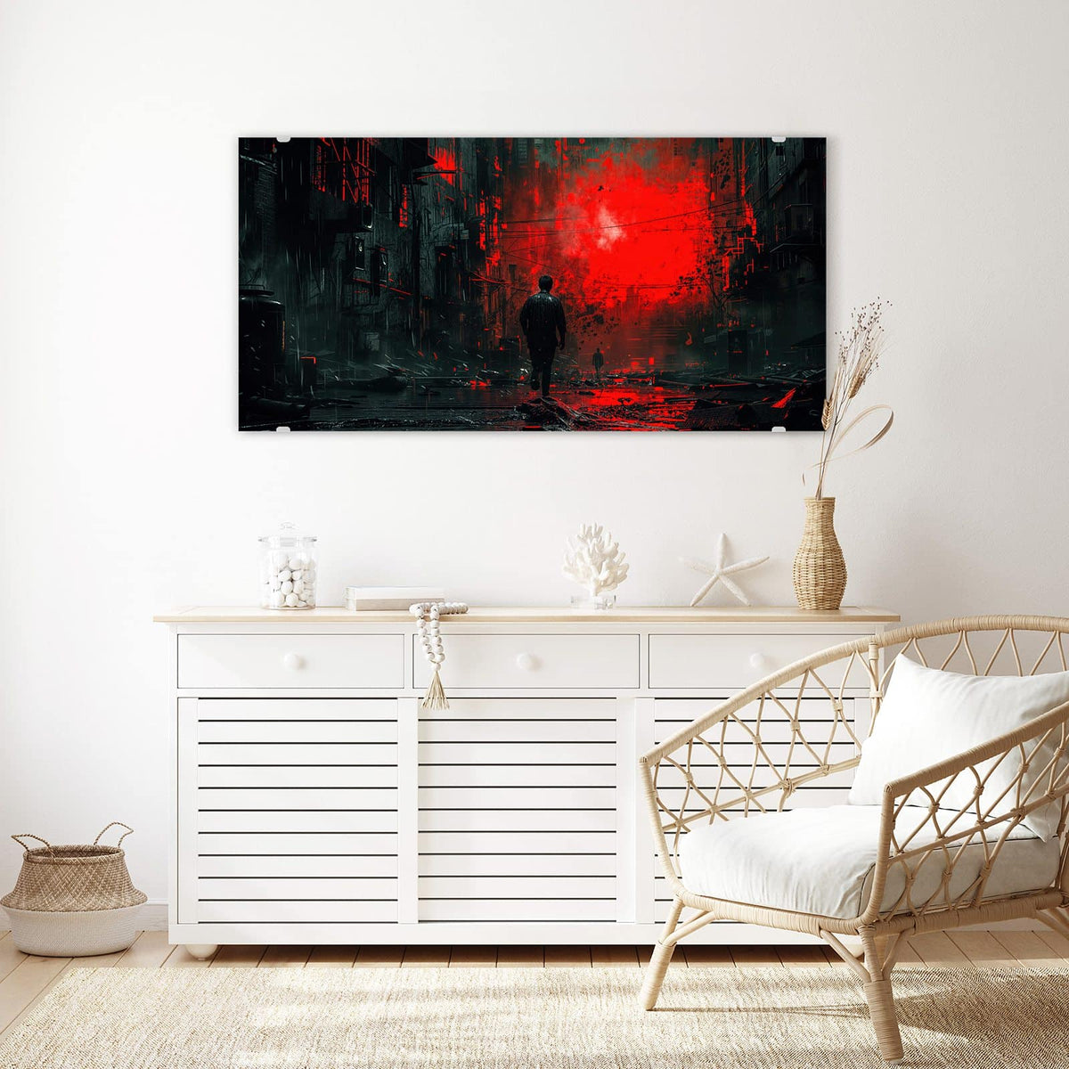 Echtglas, 4 mm – kein Acryl, keine Folie – Wandbild - Mann im roten Licht - Querformat
