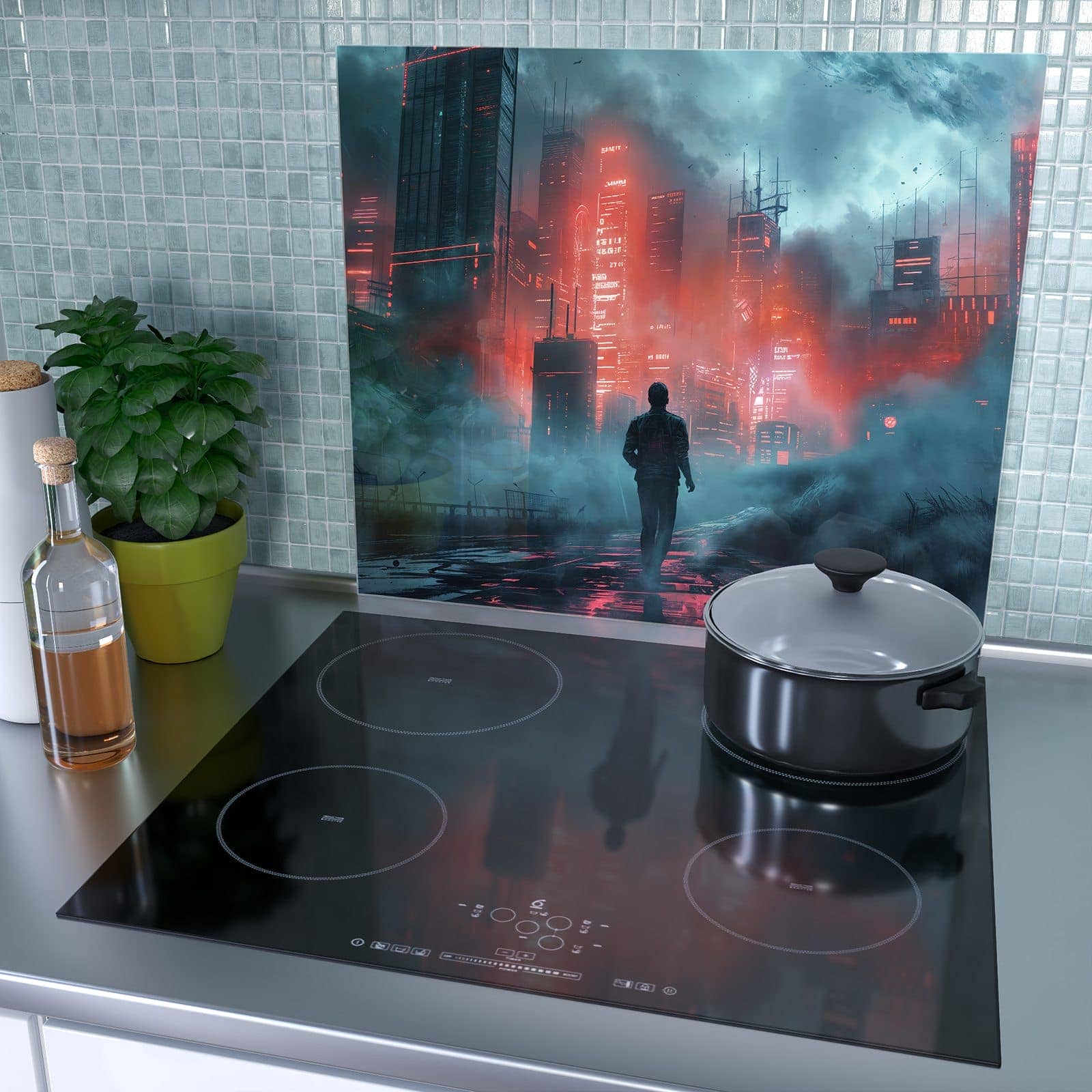 1-teilige Abdeckplatten für Ceranfeld mit Neonstadt-Motiv als Spritzschutz hinter dem Kochfeld
