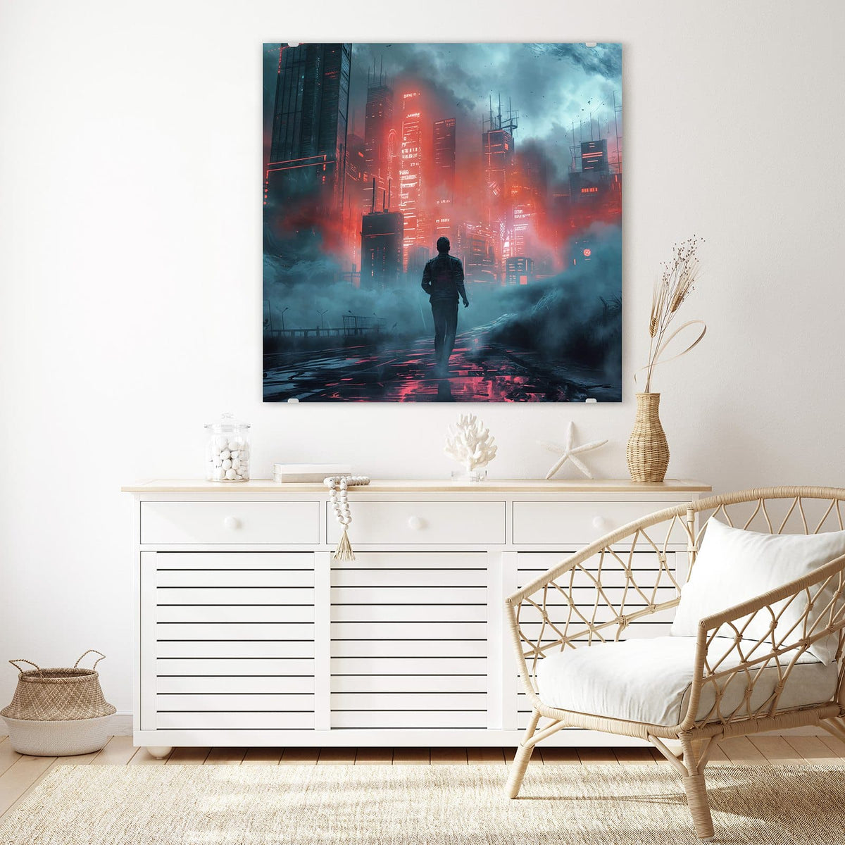 Echtglas, 4 mm – kein Acryl, keine Folie – Wandbild - Stadt im roten Neonlicht - Quadratisch