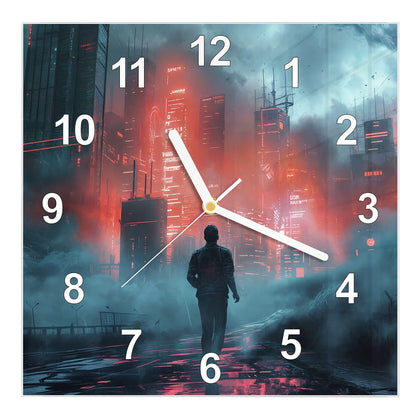 Wanduhr Quadratisch mit dem Motiv Stadt im roten Neonlicht
