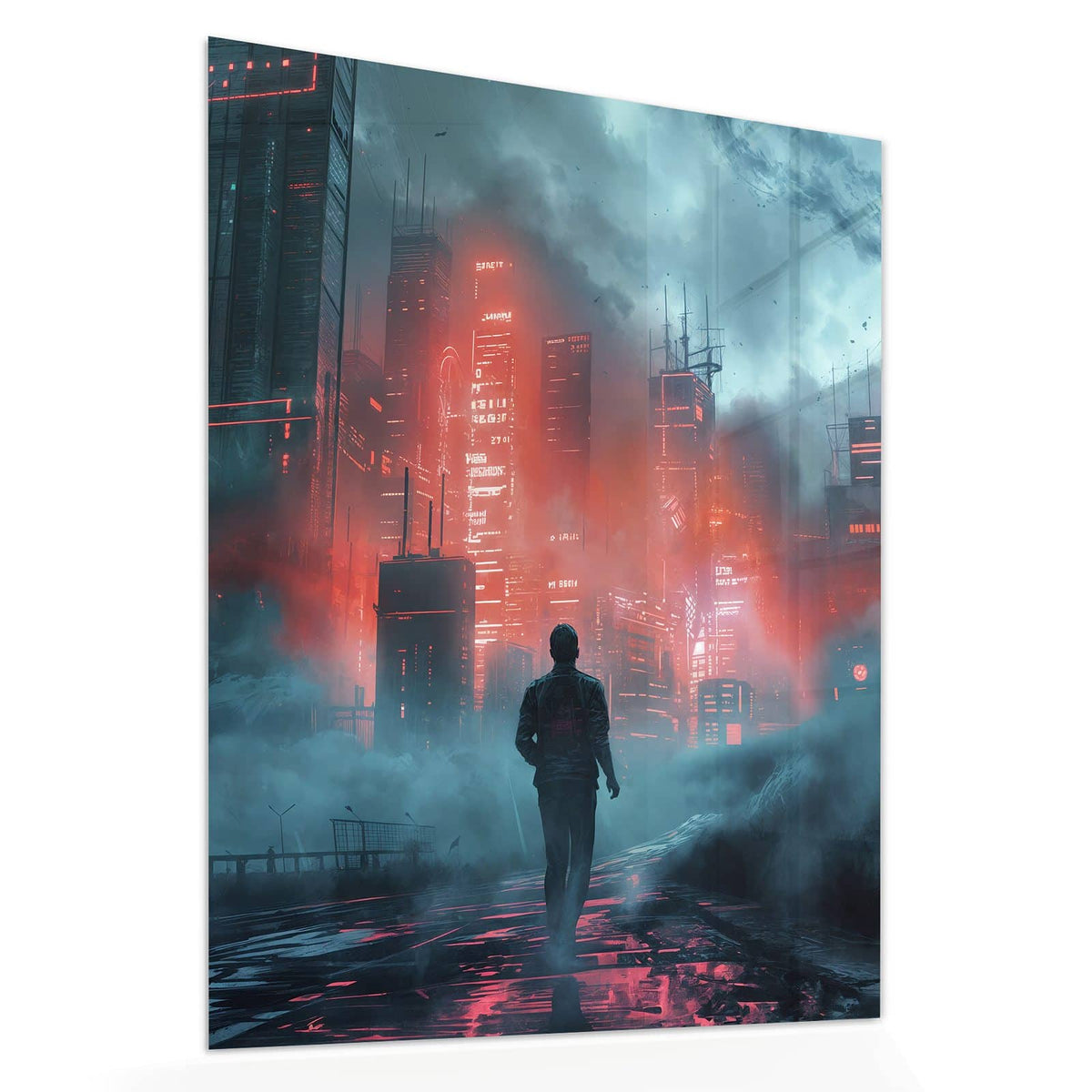 Echtglas, 4 mm – kein Acryl, keine Folie – Wandbild - Stadt im roten Neonlicht - Hochformat