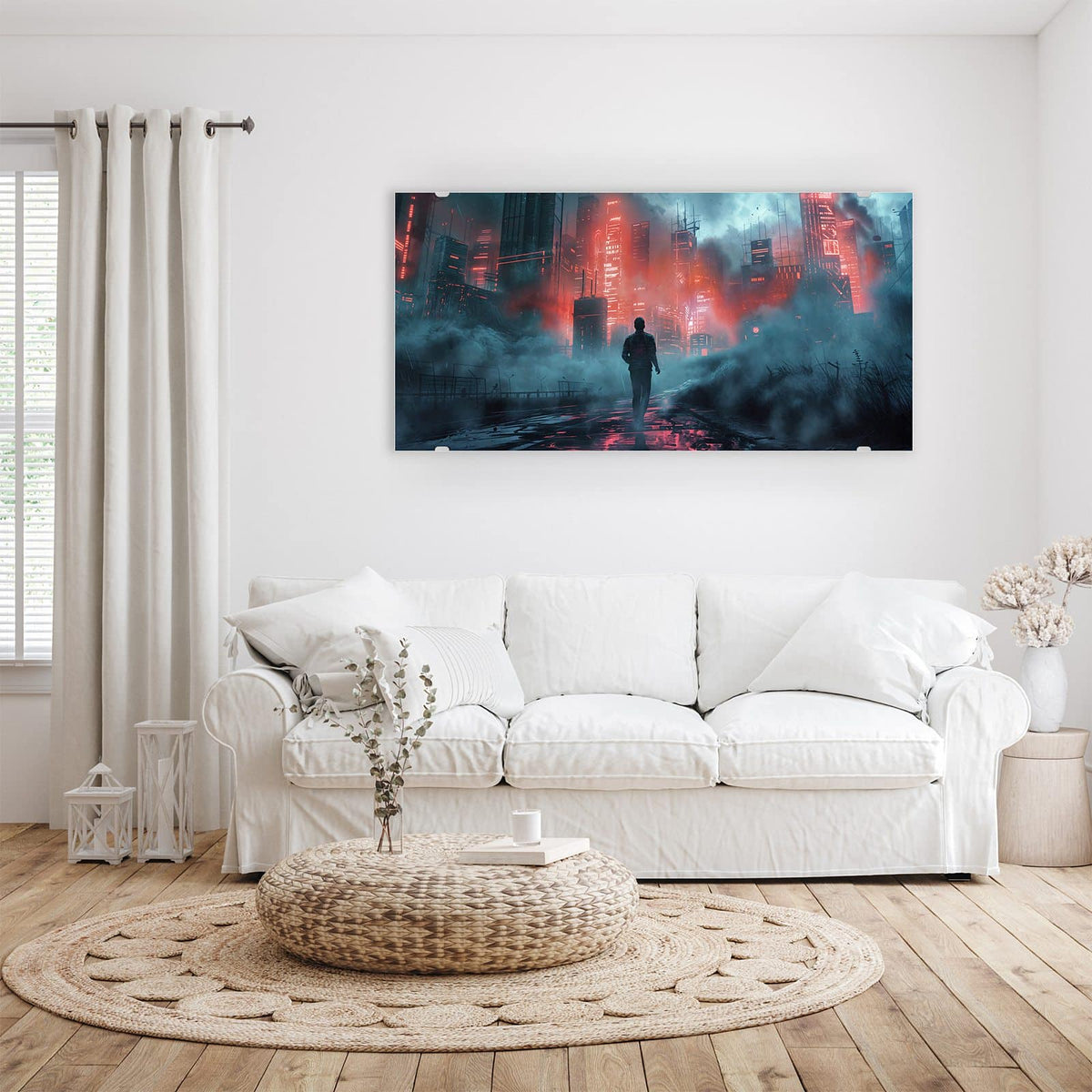 Wandbild - Stadt im roten Neonlicht - Querformat – Wolkenkratzer im roten Neonlicht
