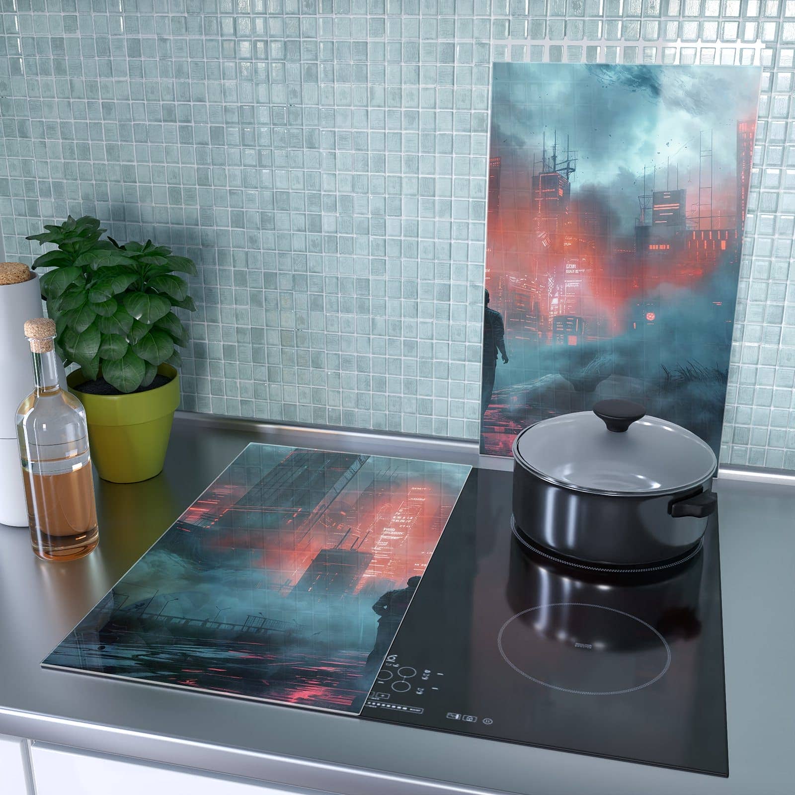 2-teilige Herdabdeckplatten für Ceranfeld mit Neonstadt-Motiv als Spritzschutz hinter dem Kochfeld