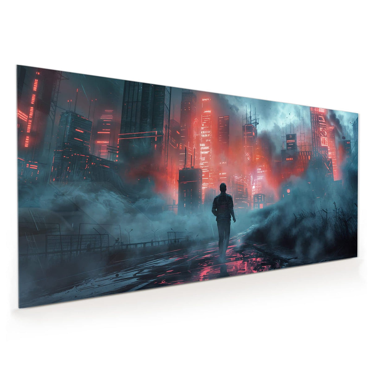 Küchenrückwand aus Glas im Hochformat: Ein Mann von hinten läuft auf eine neblige Stadt zu, deren Hochhäuser rot und weiß leuchten